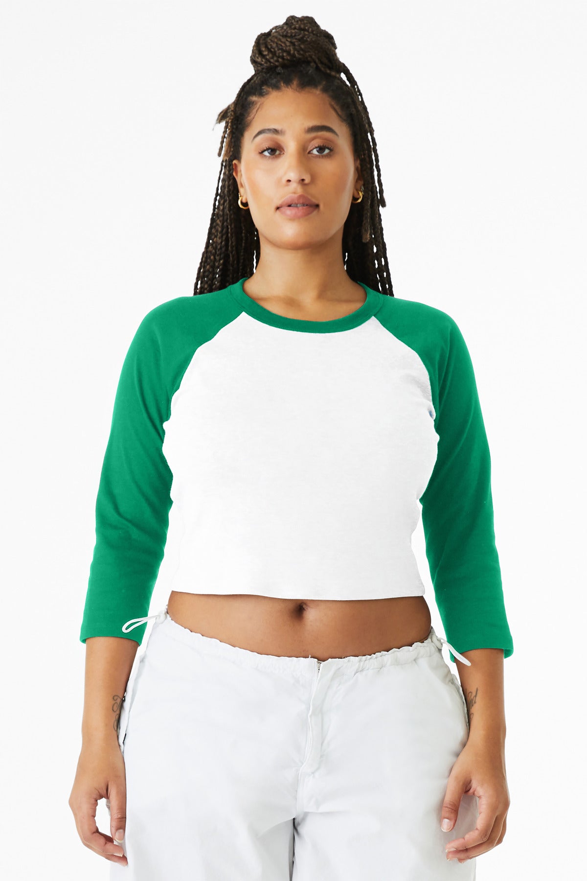 BELLA+CANVAS Women's Micro Rib 3/4 Raglan Baby Tee BC1200 - White/ Kelly - front