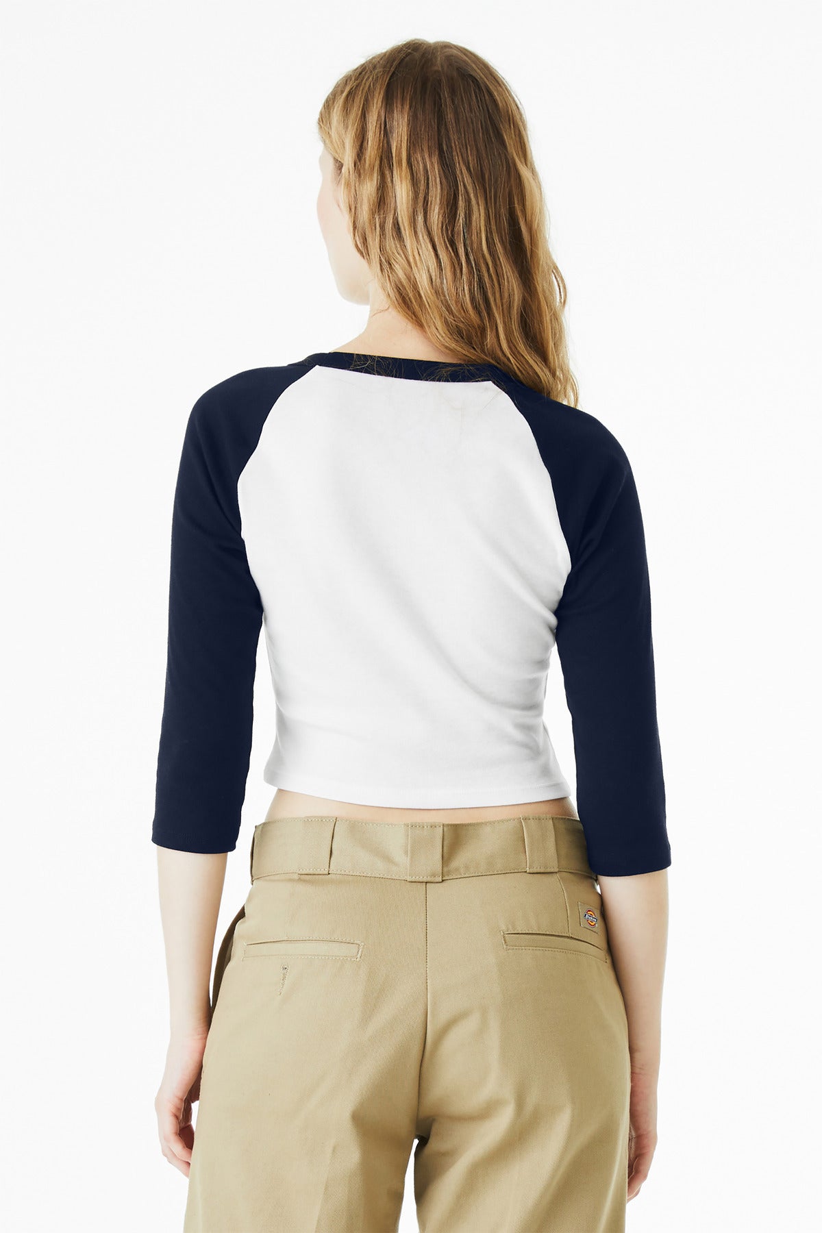 BELLA+CANVAS Women's Micro Rib 3/4 Raglan Baby Tee BC1200 - White/ Navy - back