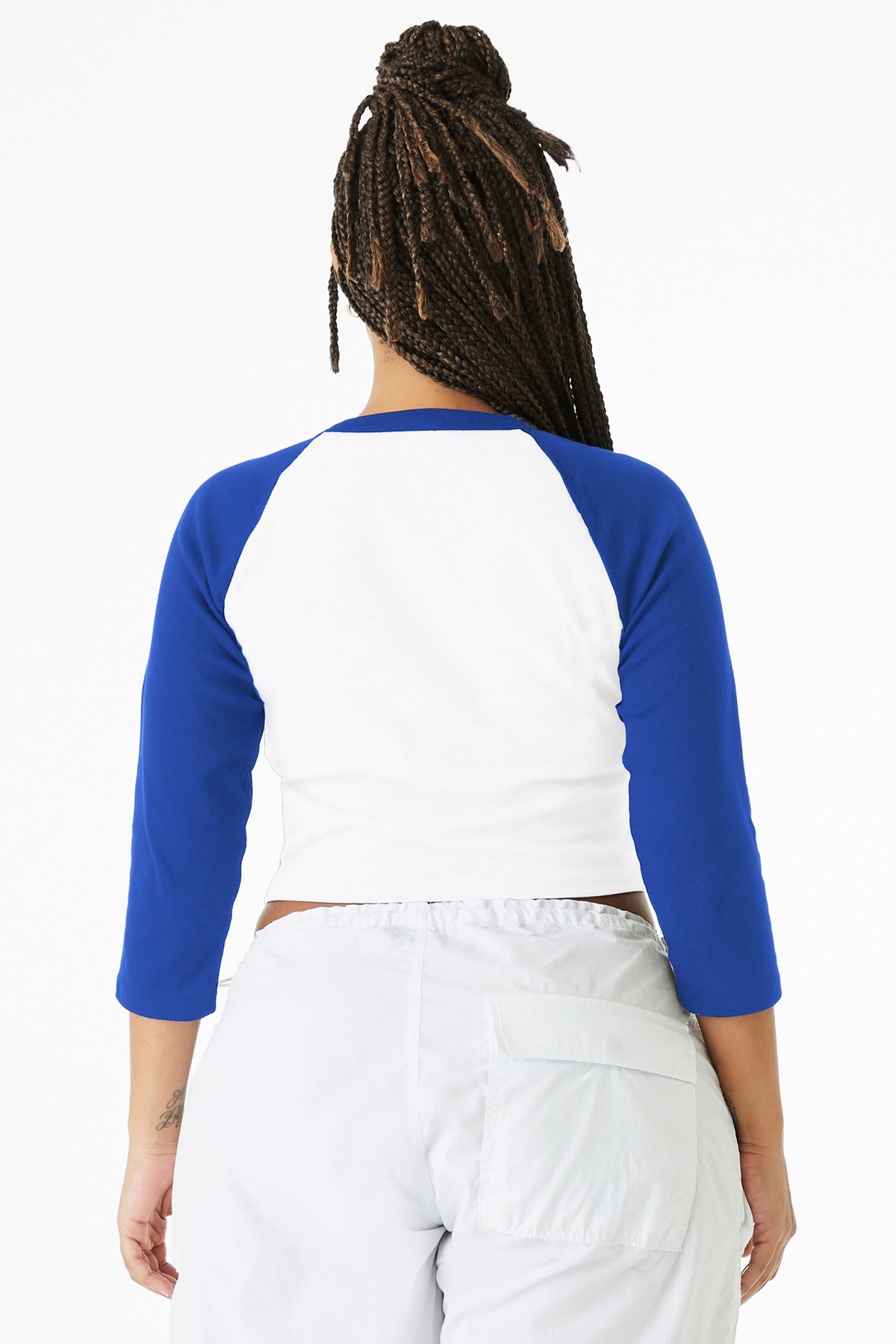 BELLA+CANVAS Women's Micro Rib 3/4 Raglan Baby Tee BC1200 - White/ True Royal - back