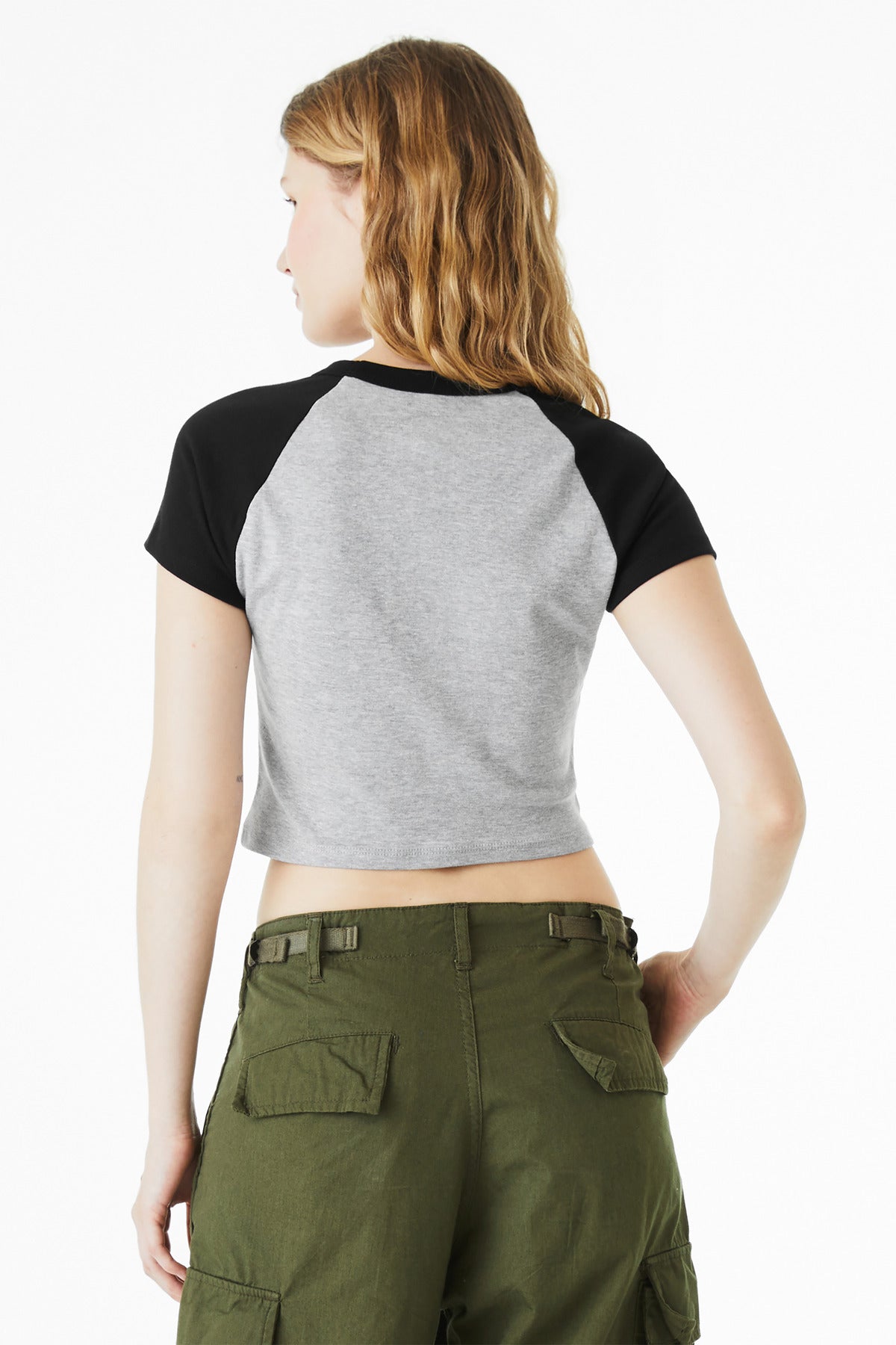 BELLA+CANVAS Women's Micro Rib Raglan Baby Tee BC1201 - Athletic Heather/ Black - back