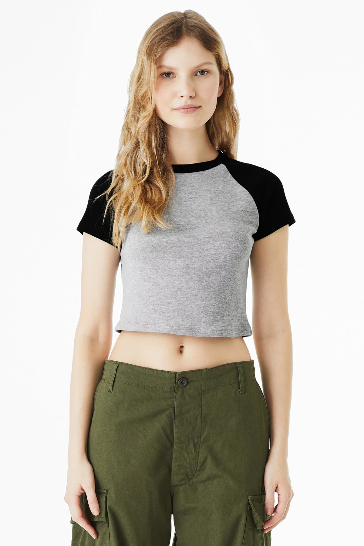 BELLA+CANVAS Women's Micro Rib Raglan Baby Tee BC1201 - Athletic Heather/ Black - front