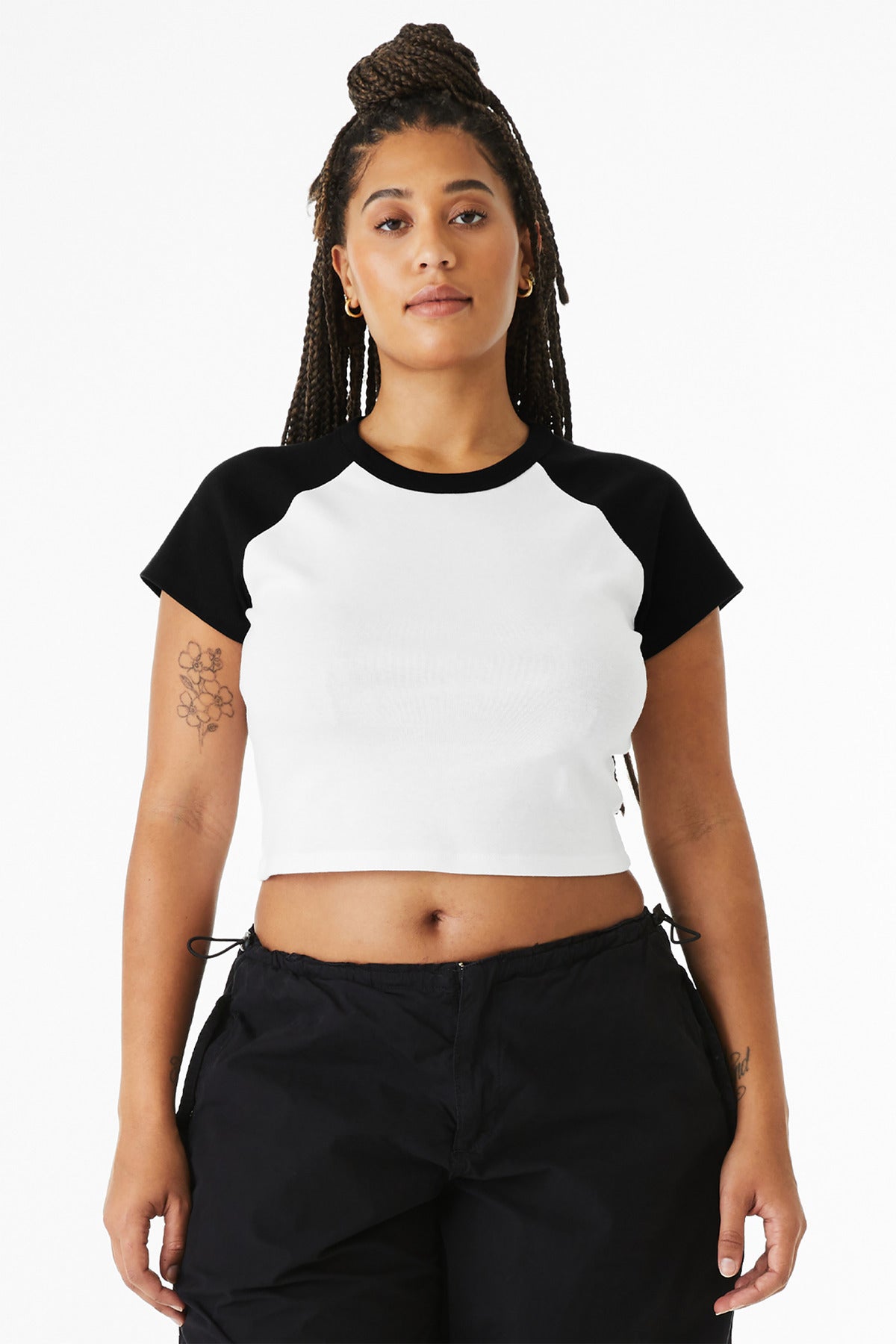 BELLA+CANVAS Women's Micro Rib Raglan Baby Tee BC1201 - White/ Black - front