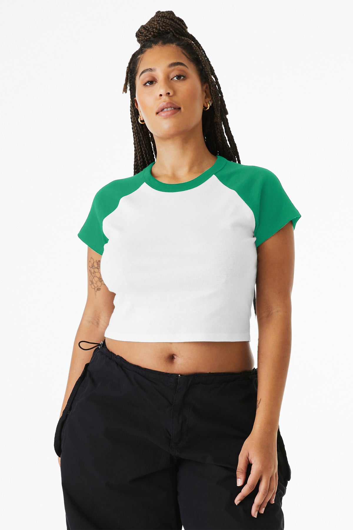 BELLA+CANVAS Women's Micro Rib Raglan Baby Tee BC1201 - White/ Kelly - front