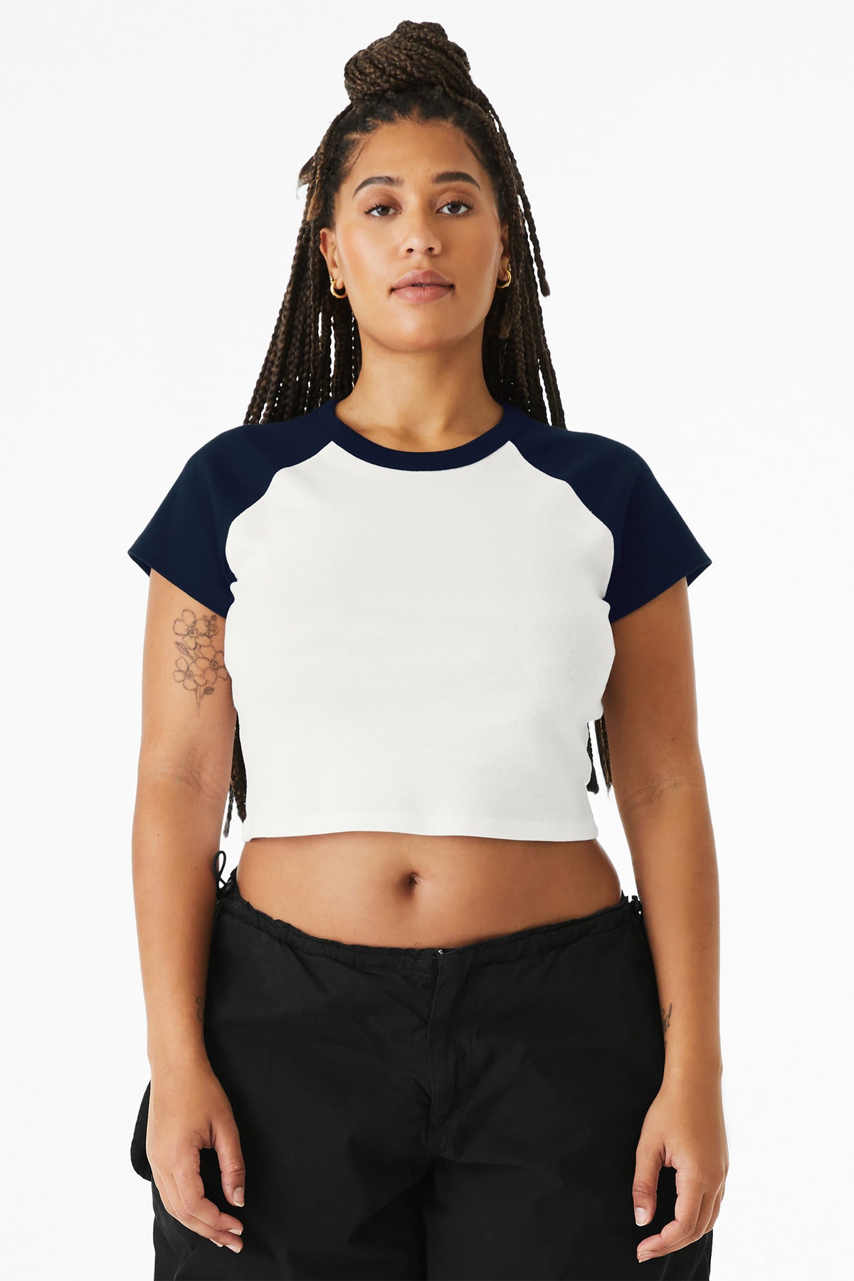 BELLA+CANVAS Women's Micro Rib Raglan Baby Tee BC1201 - White/ Navy - front