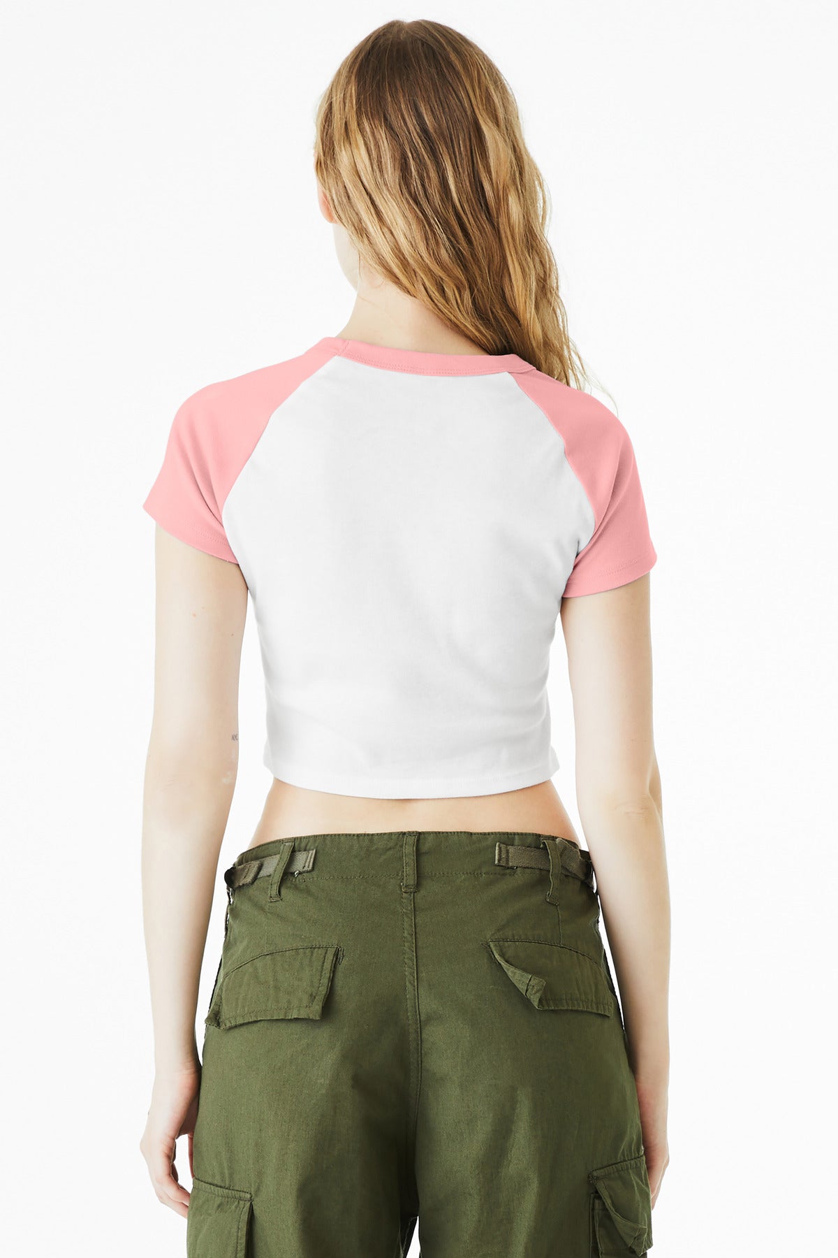 BELLA+CANVAS Women's Micro Rib Raglan Baby Tee BC1201 - White/ Pink - back