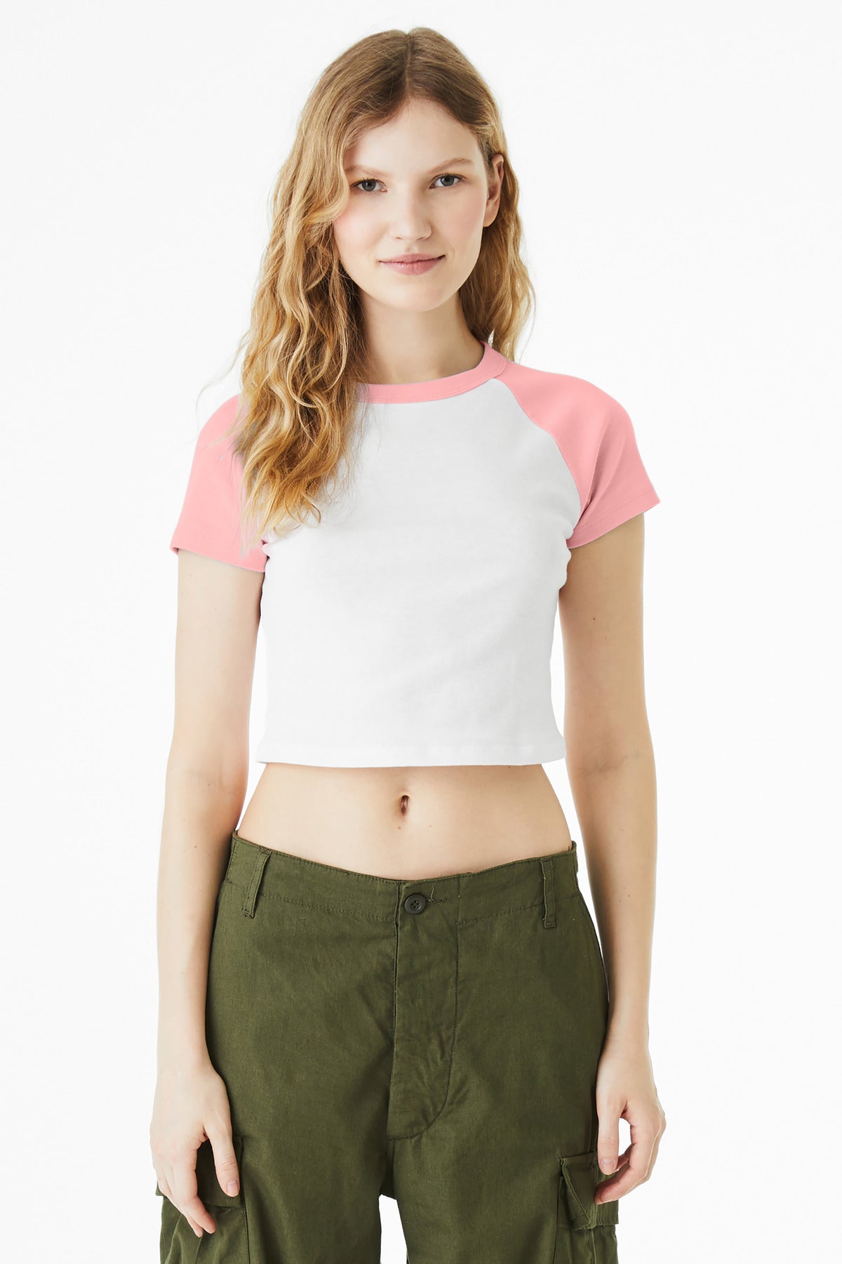 BELLA+CANVAS Women's Micro Rib Raglan Baby Tee BC1201 - White/ Pink - front