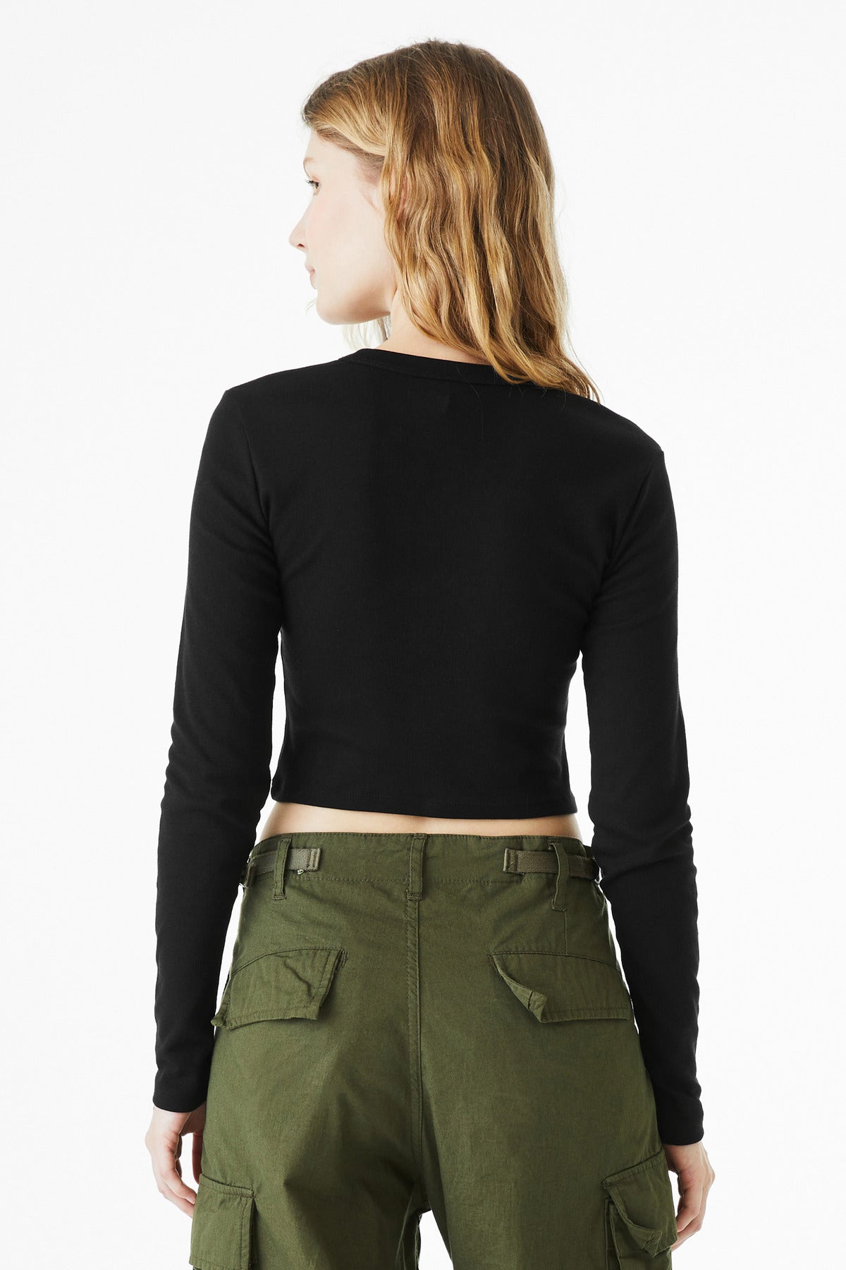 BELLA+CANVAS Women's Micro Rib Long Sleeve Baby Tee BC1501 - Solid Black Blend - back