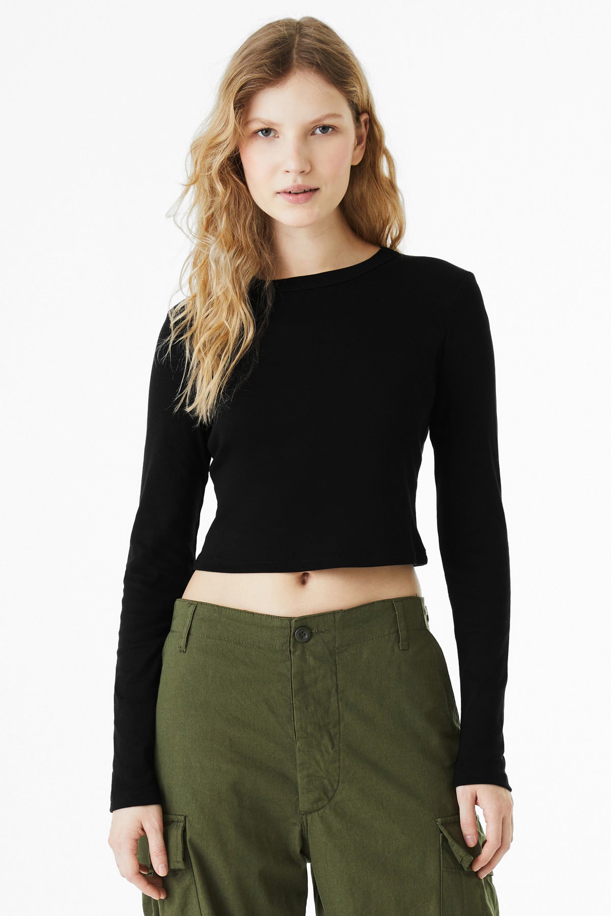 BELLA+CANVAS Women's Micro Rib Long Sleeve Baby Tee BC1501 - Solid Black Blend - front