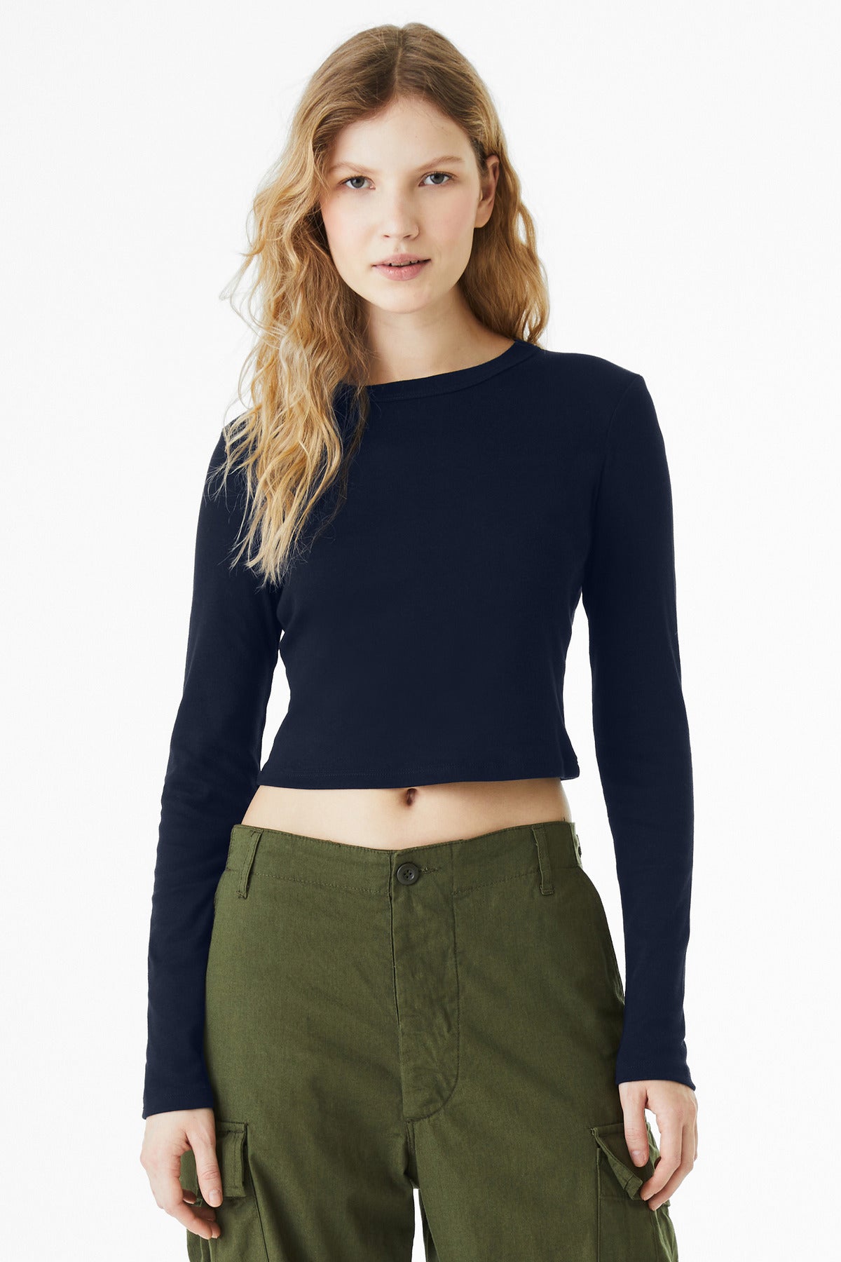 BELLA+CANVAS Women's Micro Rib Long Sleeve Baby Tee BC1501 - Solid Navy Blend - front