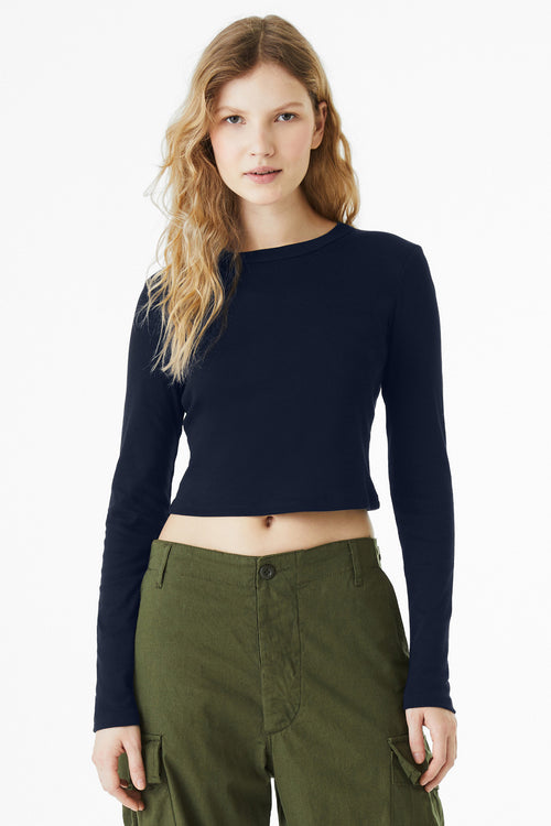 BELLA+CANVAS Women's Micro Rib Long Sleeve Baby Tee BC1501 - Solid Navy Blend - front