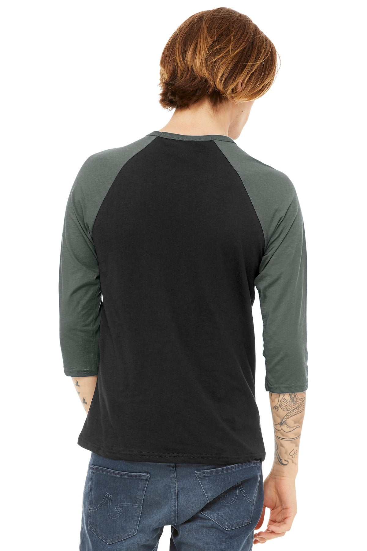 BELLA+CANVAS Unisex 3/4-Sleeve Baseball Tee. BC3200 - Black/ Deep Heather - back
