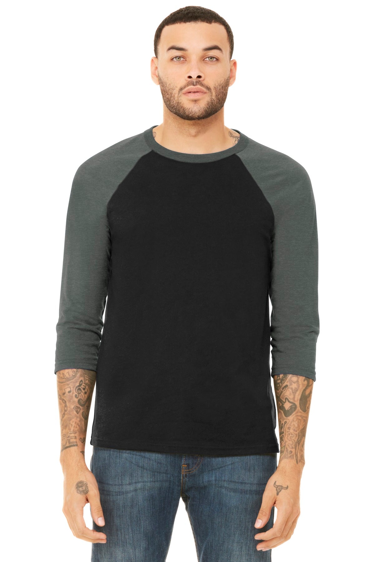BELLA+CANVAS Unisex 3/4-Sleeve Baseball Tee. BC3200 - Black/ Deep Heather - front