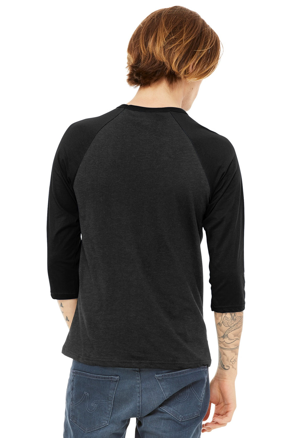 BELLA+CANVAS Unisex 3/4-Sleeve Baseball Tee. BC3200 - Black Heather/ Black - back