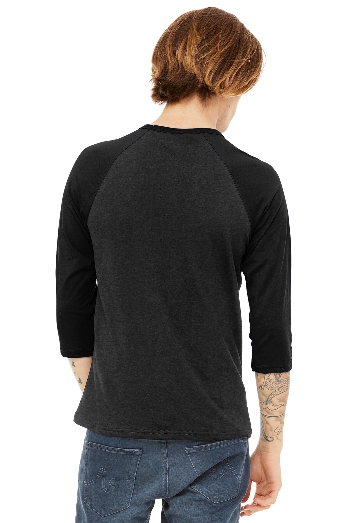 BELLA+CANVAS Unisex 3/4-Sleeve Baseball Tee. BC3200 - Black Heather/ Black - back