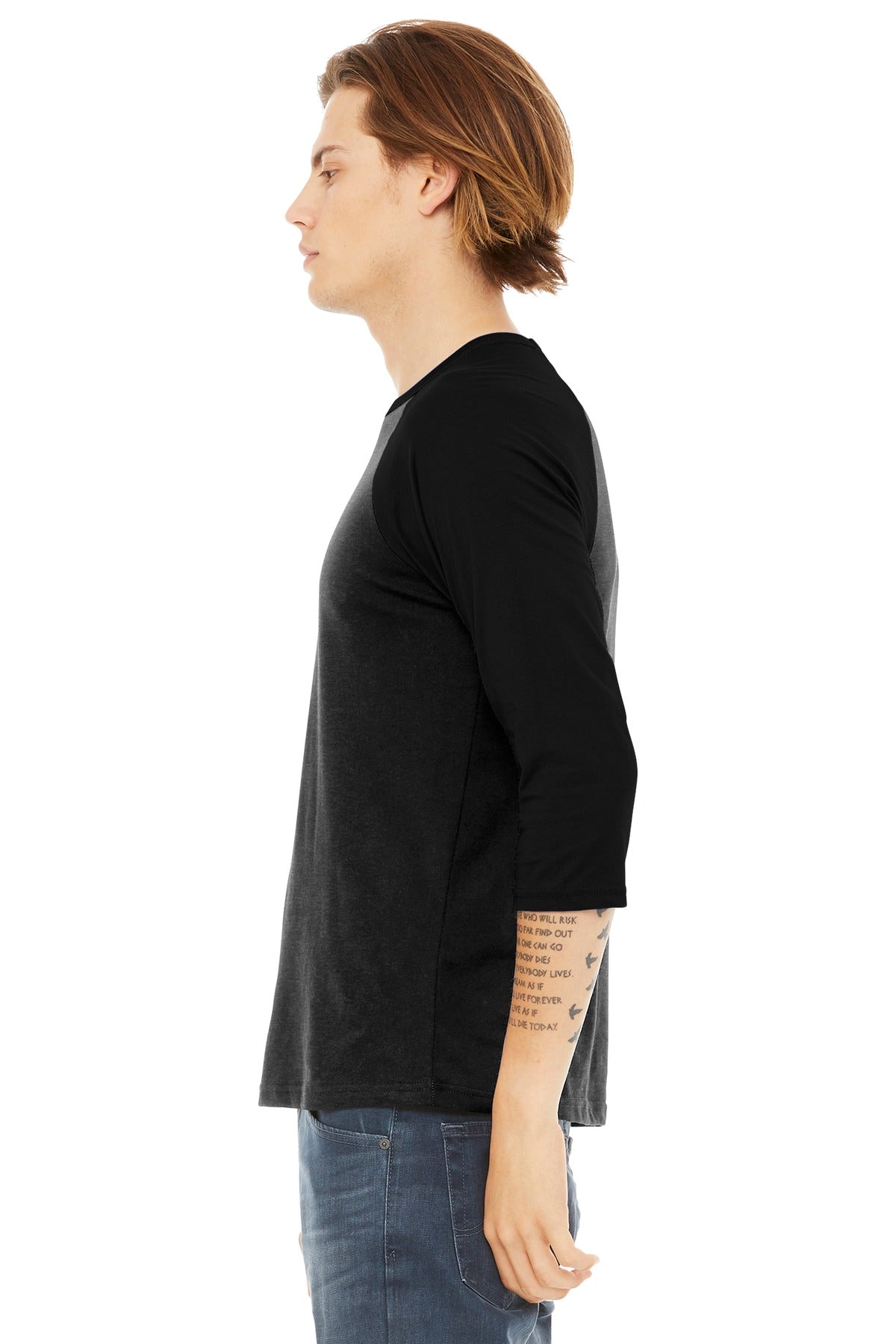 BELLA+CANVAS Unisex 3/4-Sleeve Baseball Tee. BC3200 - Black Heather/ Black - side