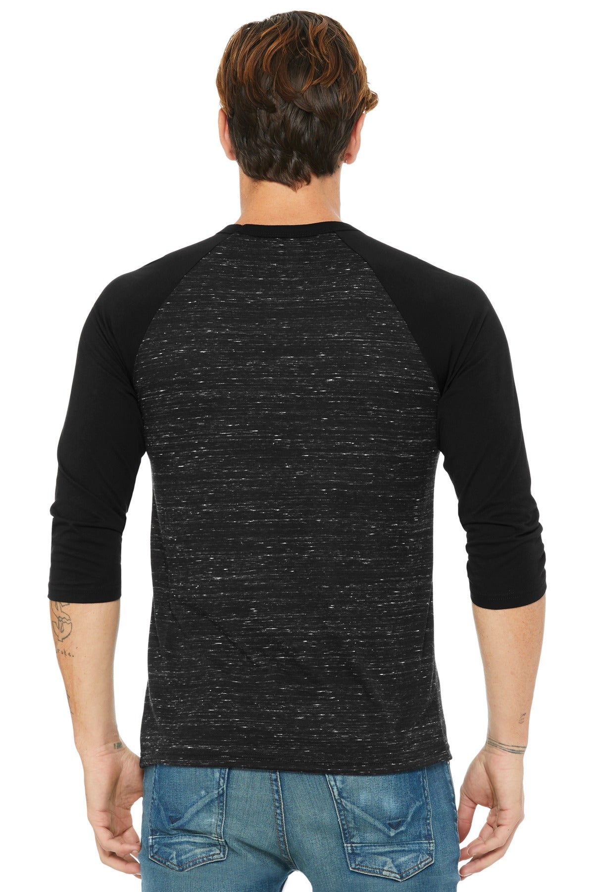 BELLA+CANVAS Unisex 3/4-Sleeve Baseball Tee. BC3200 - Black Marble/ Black - back