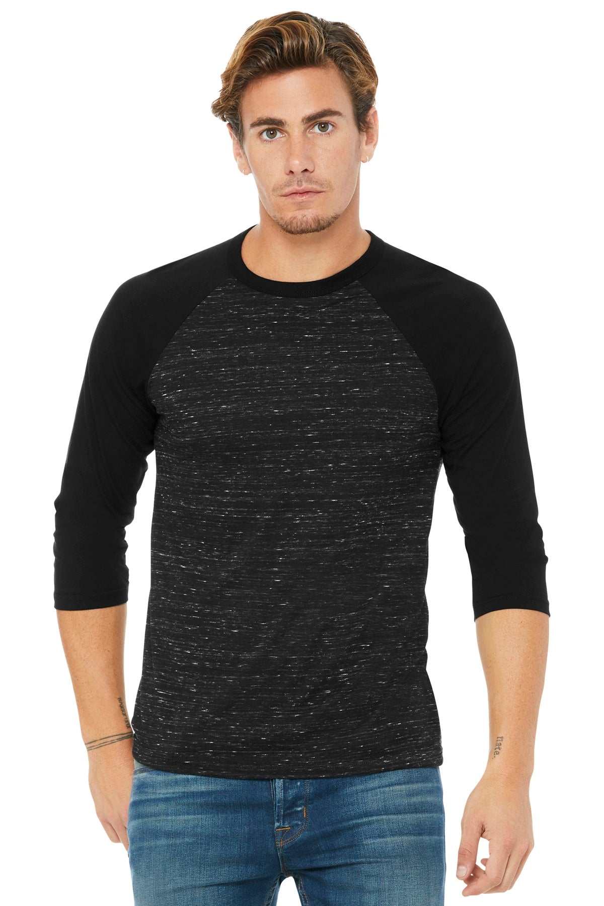 BELLA+CANVAS Unisex 3/4-Sleeve Baseball Tee. BC3200 - Black Marble/ Black - front