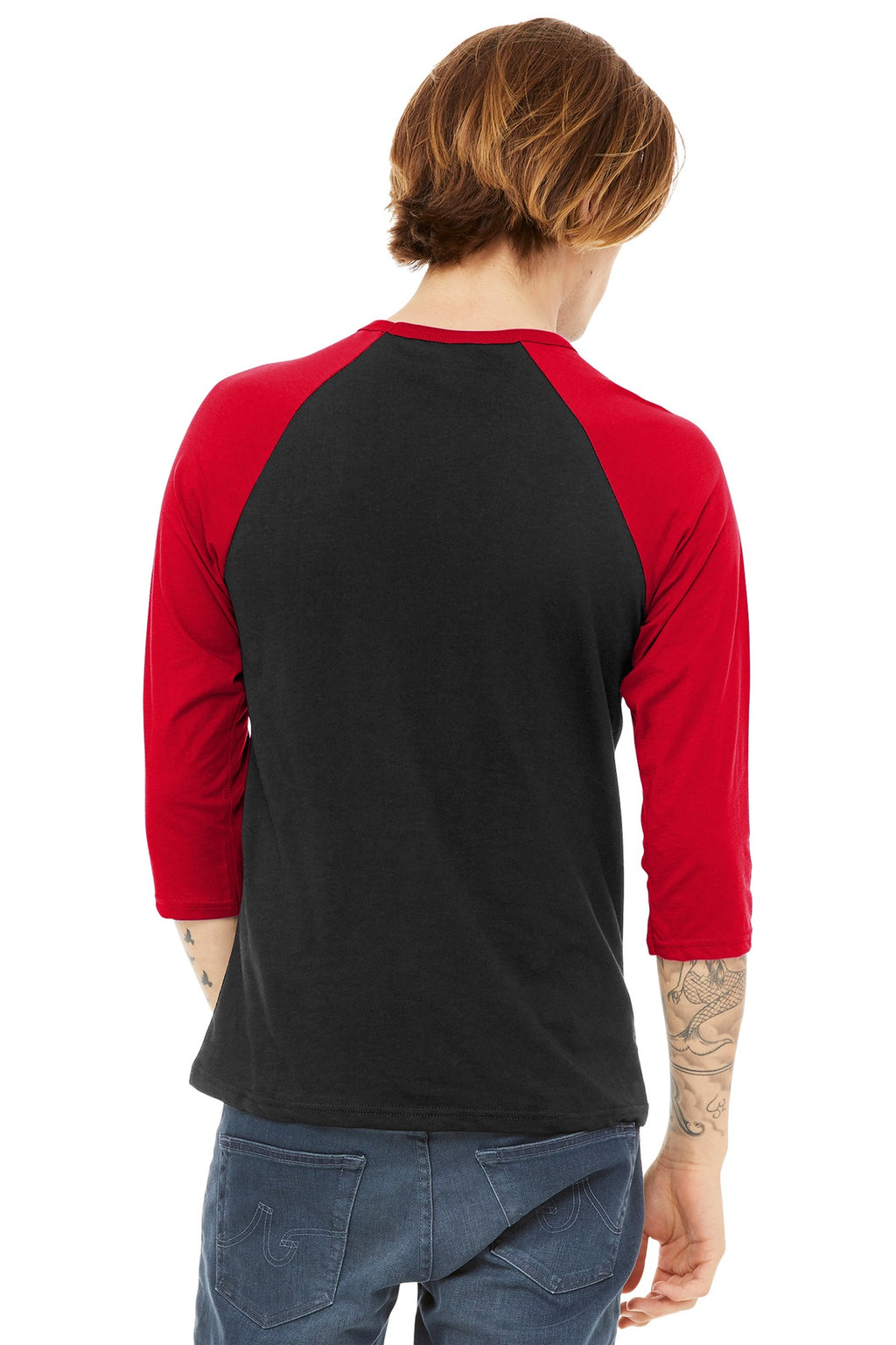 BELLA+CANVAS Unisex 3/4-Sleeve Baseball Tee. BC3200 - Black/ Red - back