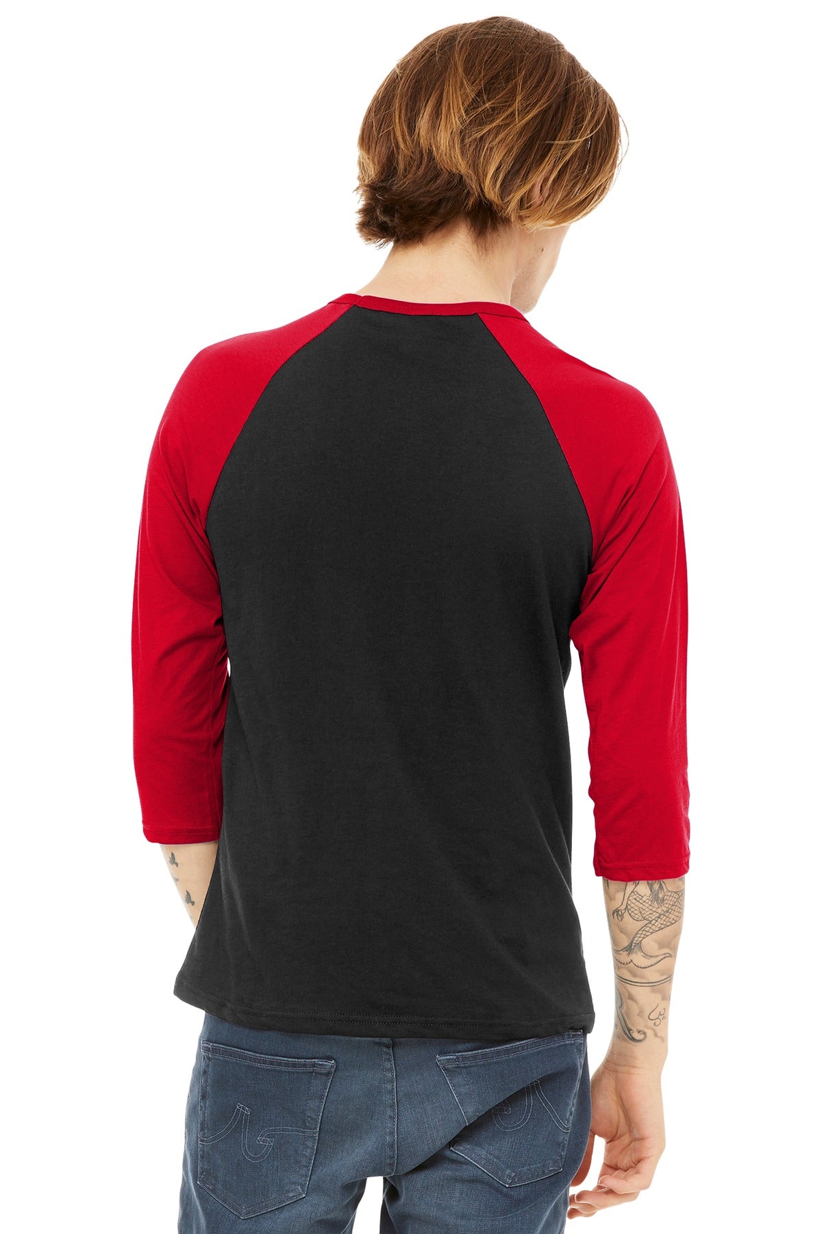 BELLA+CANVAS Unisex 3/4-Sleeve Baseball Tee. BC3200 - Black/ Red - back