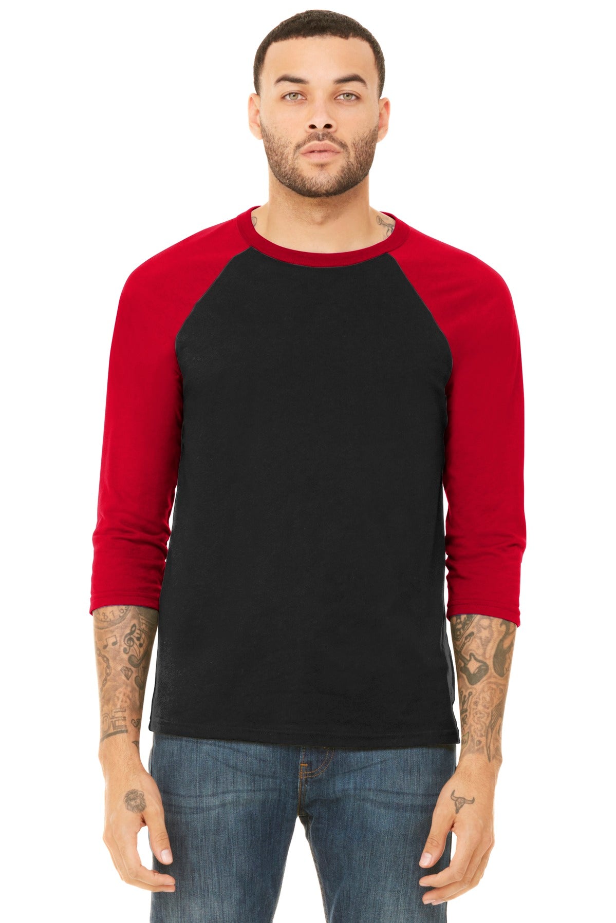 BELLA+CANVAS Unisex 3/4-Sleeve Baseball Tee. BC3200 - Black/ Red - front