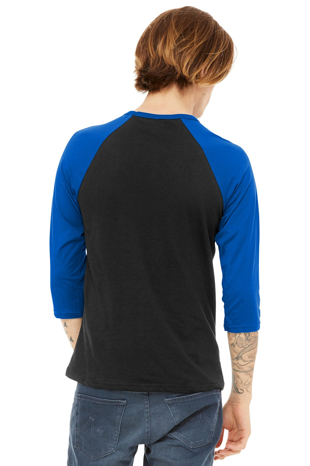 BELLA+CANVAS Unisex 3/4-Sleeve Baseball Tee. BC3200 - Black/ True Royal - back