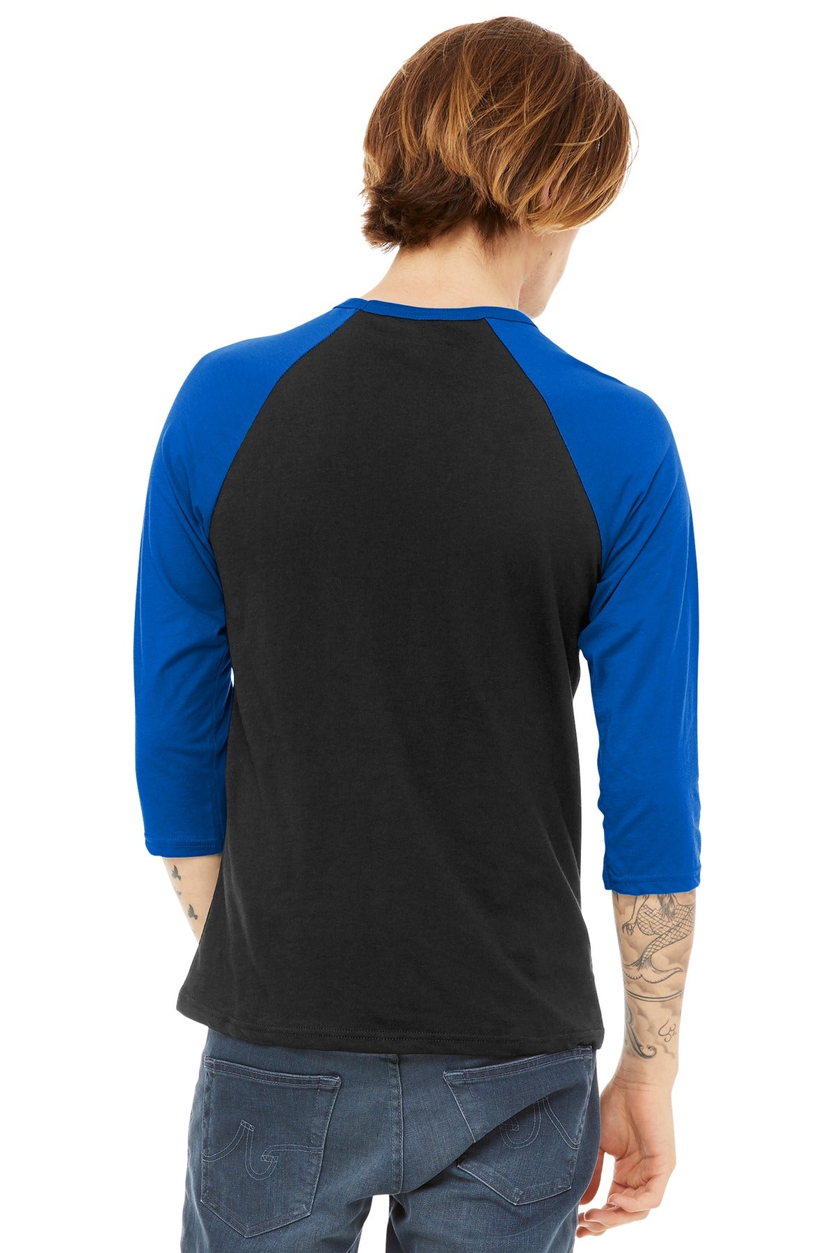 BELLA+CANVAS Unisex 3/4-Sleeve Baseball Tee. BC3200 - Black/ True Royal - back