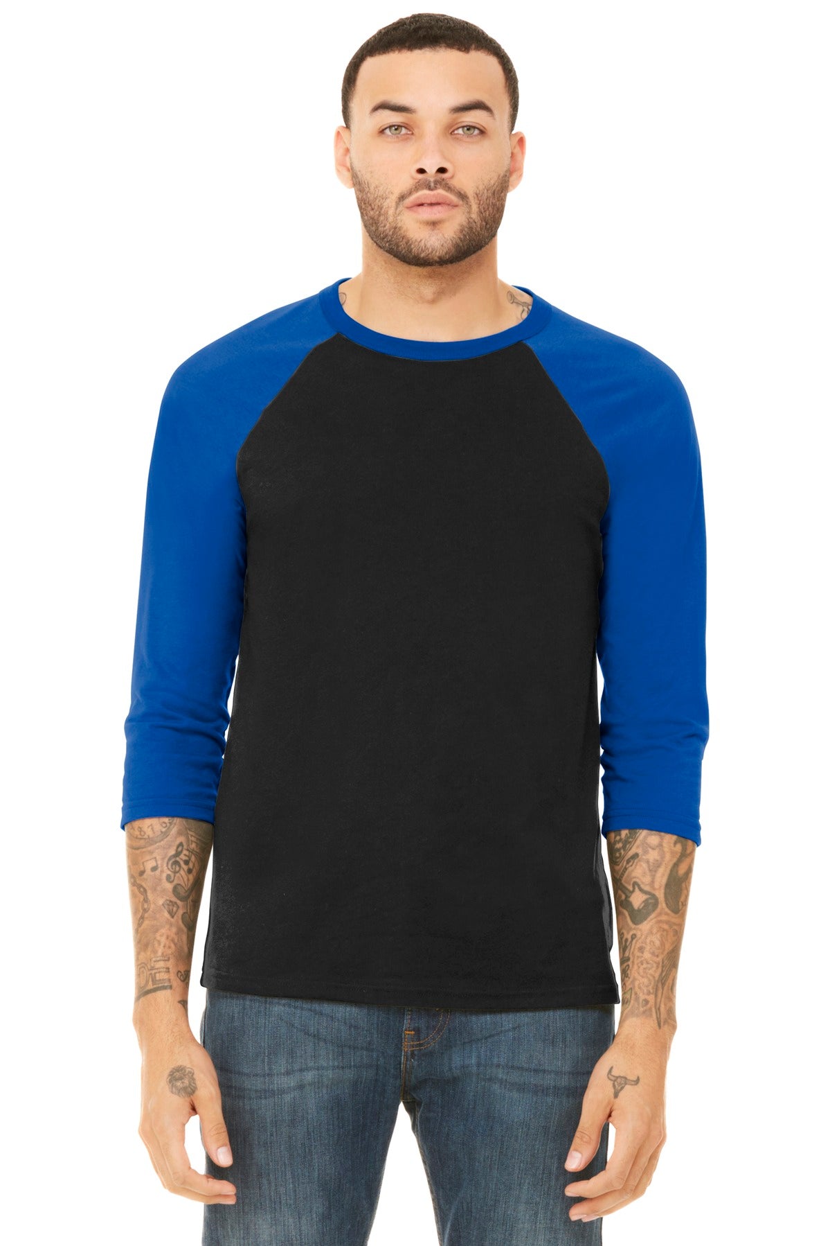 BELLA+CANVAS Unisex 3/4-Sleeve Baseball Tee. BC3200 - Black/ True Royal - front