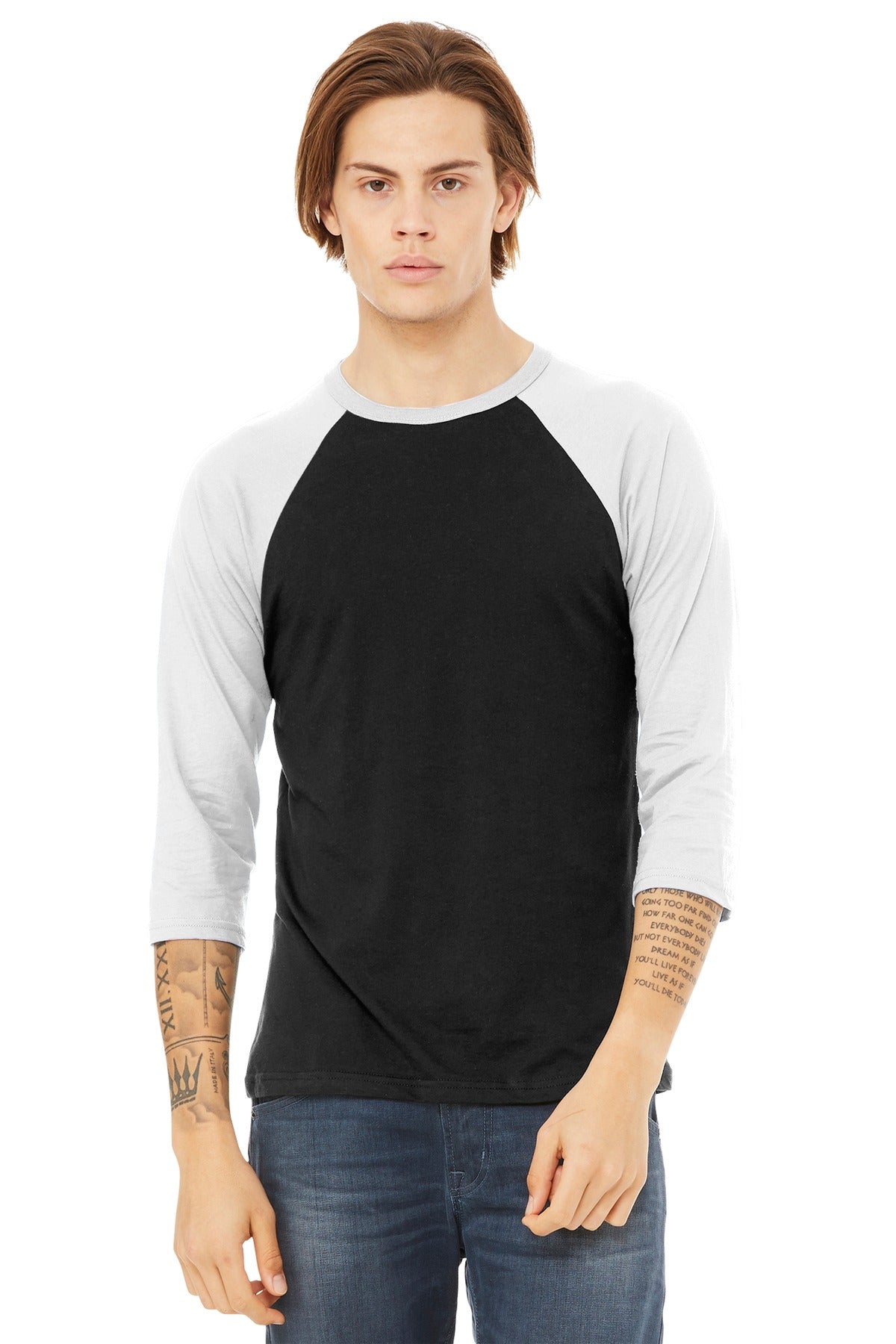 BELLA+CANVAS Unisex 3/4-Sleeve Baseball Tee. BC3200 - Black/ White - front