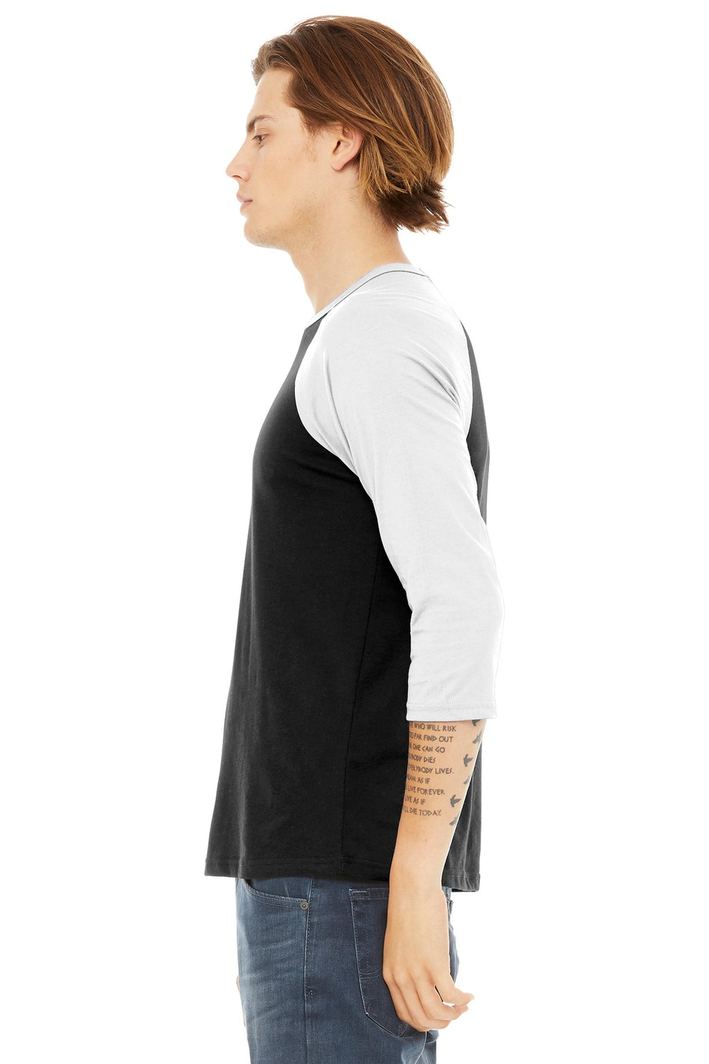 BELLA+CANVAS Unisex 3/4-Sleeve Baseball Tee. BC3200 - Black/ White - side