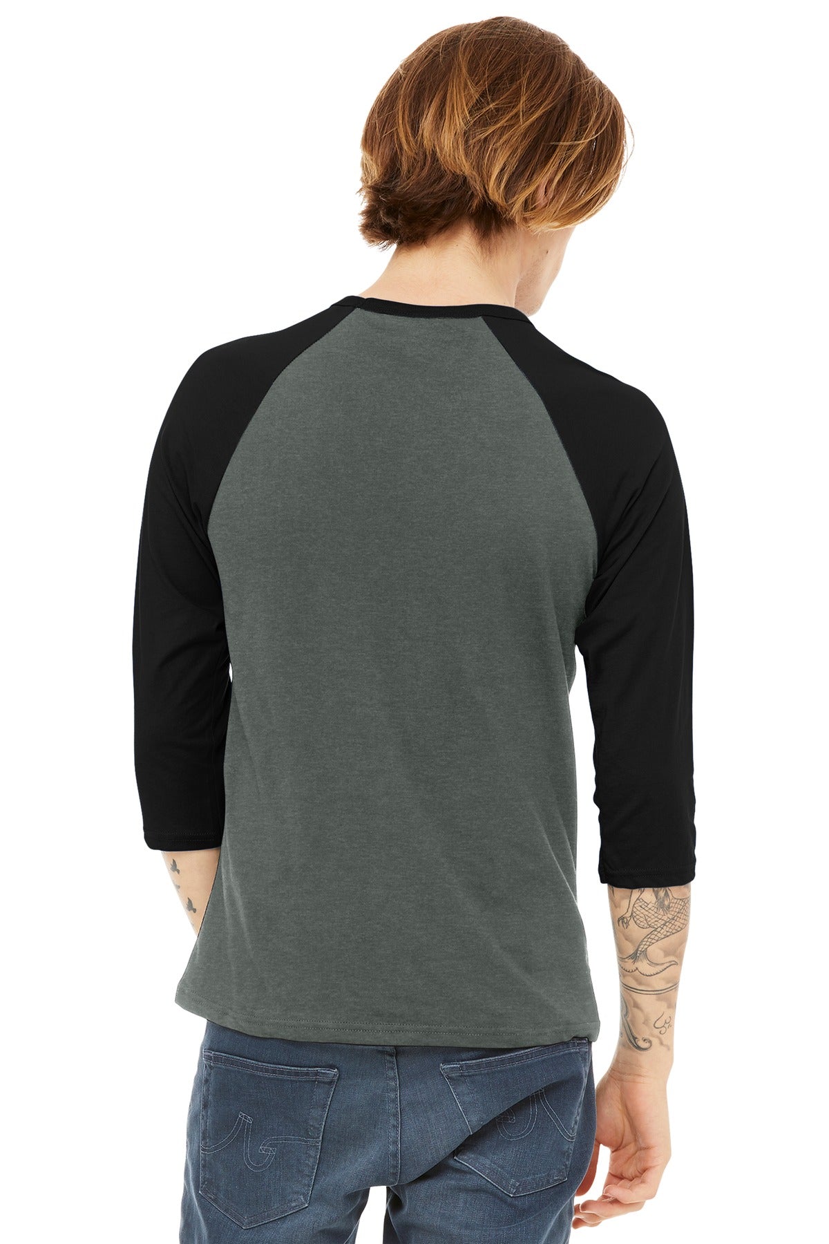 BELLA+CANVAS Unisex 3/4-Sleeve Baseball Tee. BC3200 - Deep Heather/ Black - back
