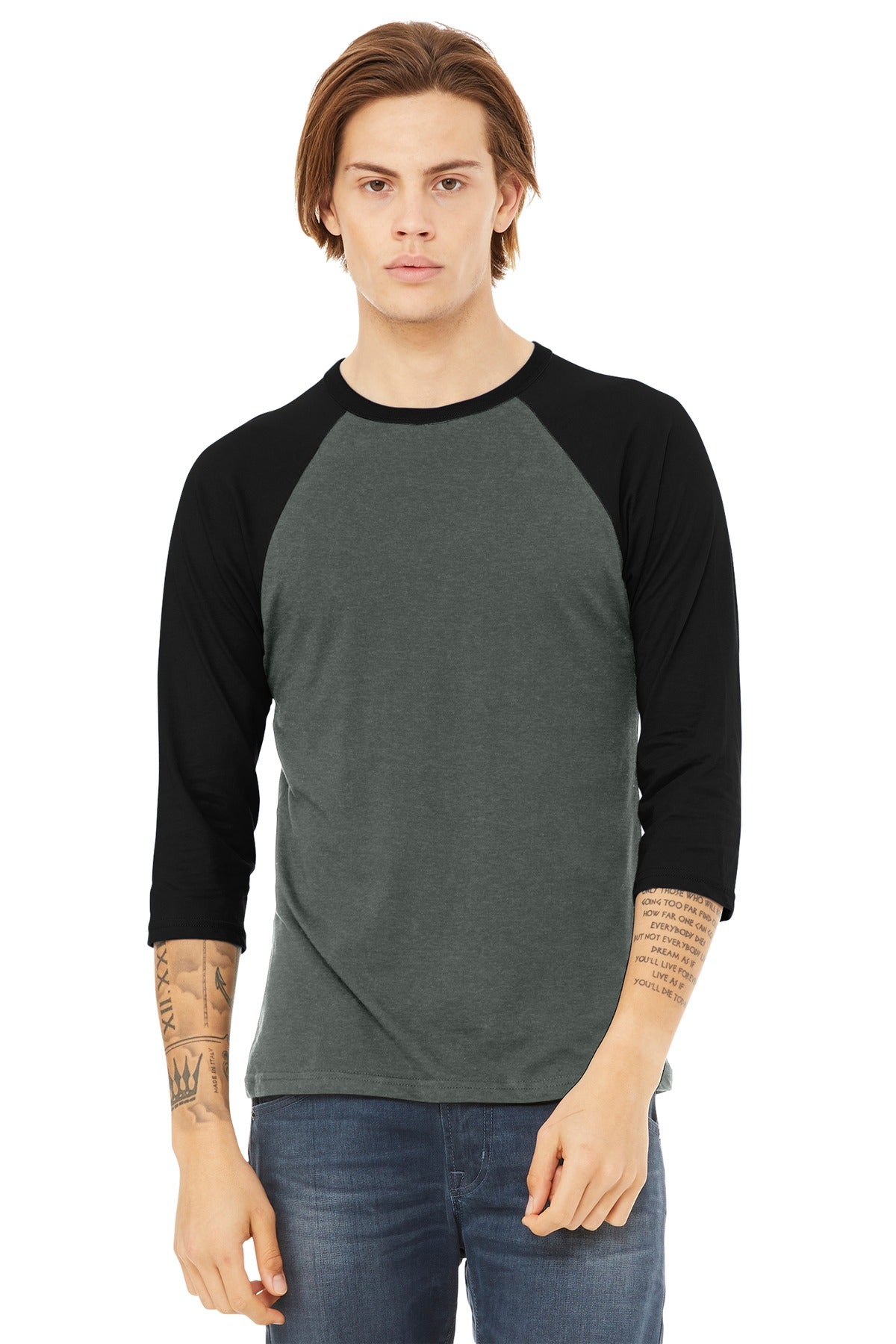 BELLA+CANVAS Unisex 3/4-Sleeve Baseball Tee. BC3200 - Deep Heather/ Black - front