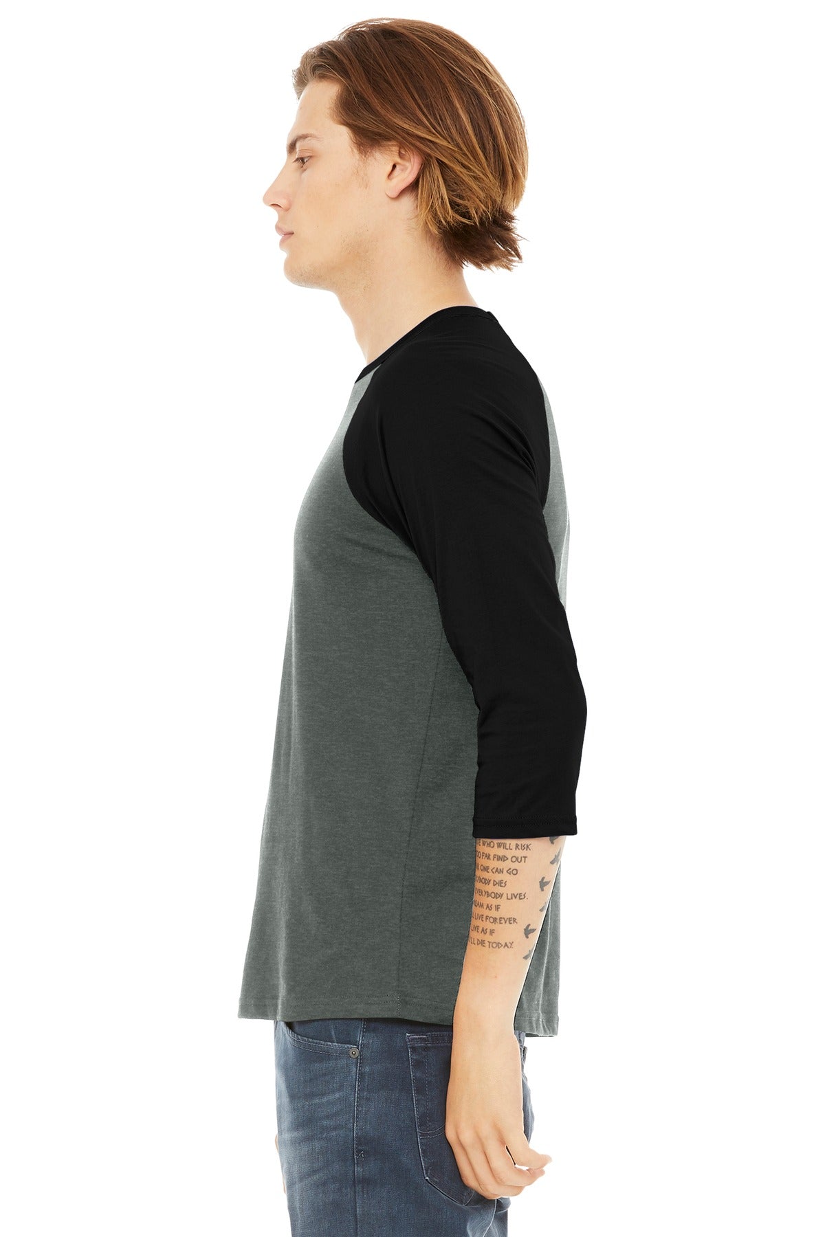 BELLA+CANVAS Unisex 3/4-Sleeve Baseball Tee. BC3200 - Deep Heather/ Black - side