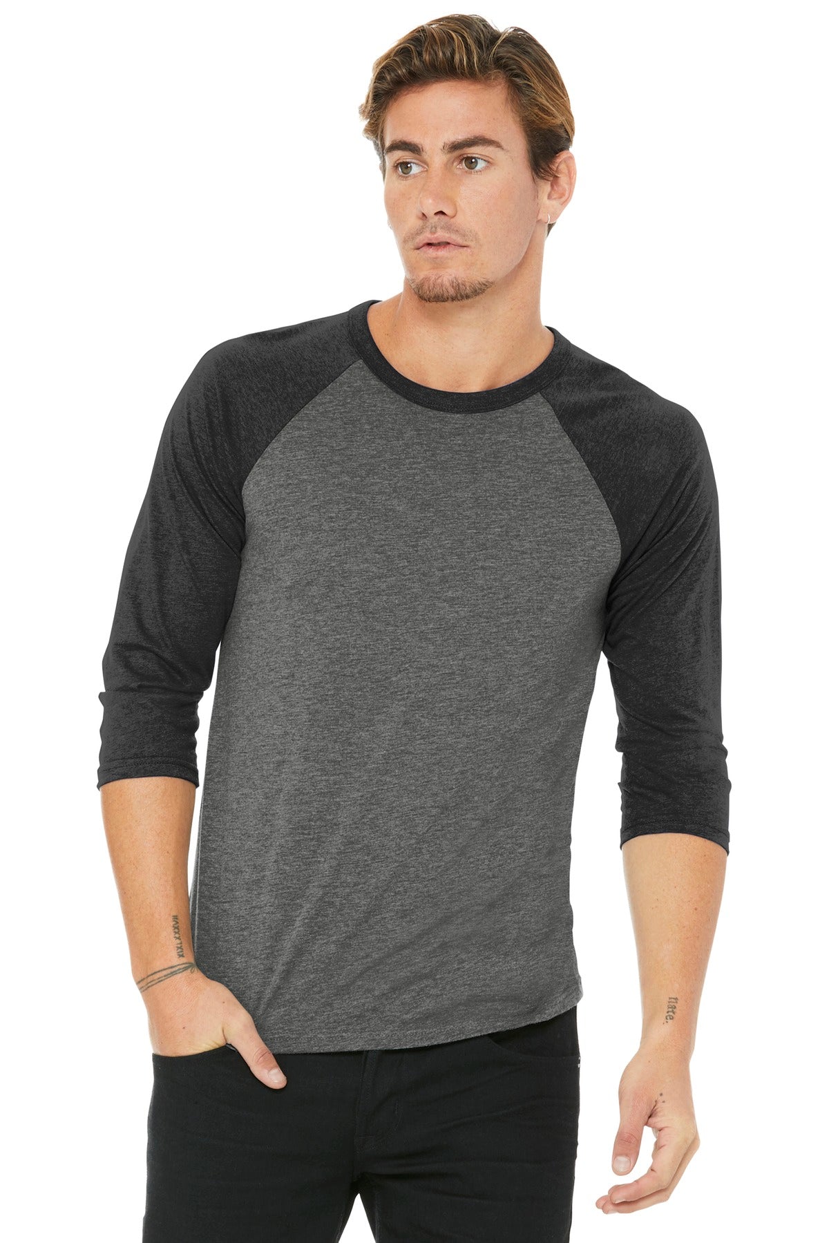 BELLA+CANVAS Unisex 3/4-Sleeve Baseball Tee. BC3200 - Grey/ Charcoal-Black Triblend - front