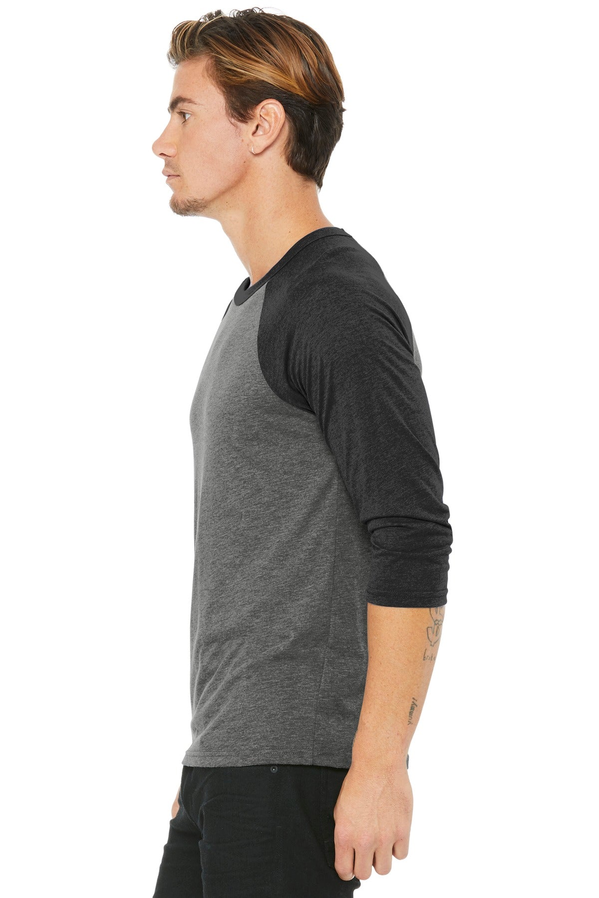 BELLA+CANVAS Unisex 3/4-Sleeve Baseball Tee. BC3200 - Grey/ Charcoal-Black Triblend - side