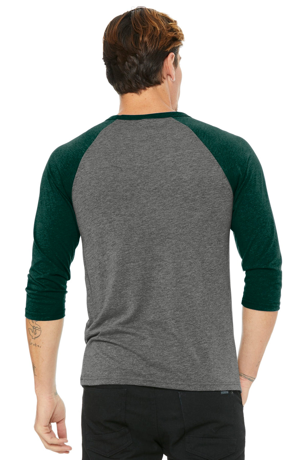 BELLA+CANVAS Unisex 3/4-Sleeve Baseball Tee. BC3200 - Grey/ Emerald Triblend - back