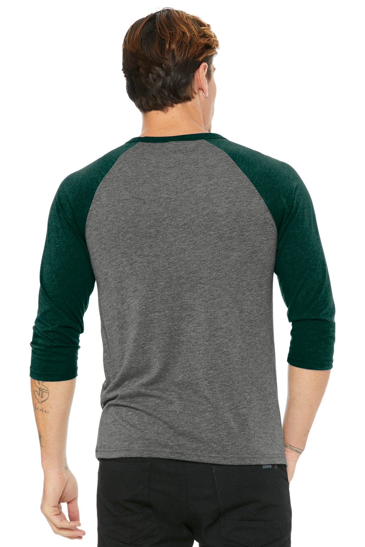 BELLA+CANVAS Unisex 3/4-Sleeve Baseball Tee. BC3200 - Grey/ Emerald Triblend - back