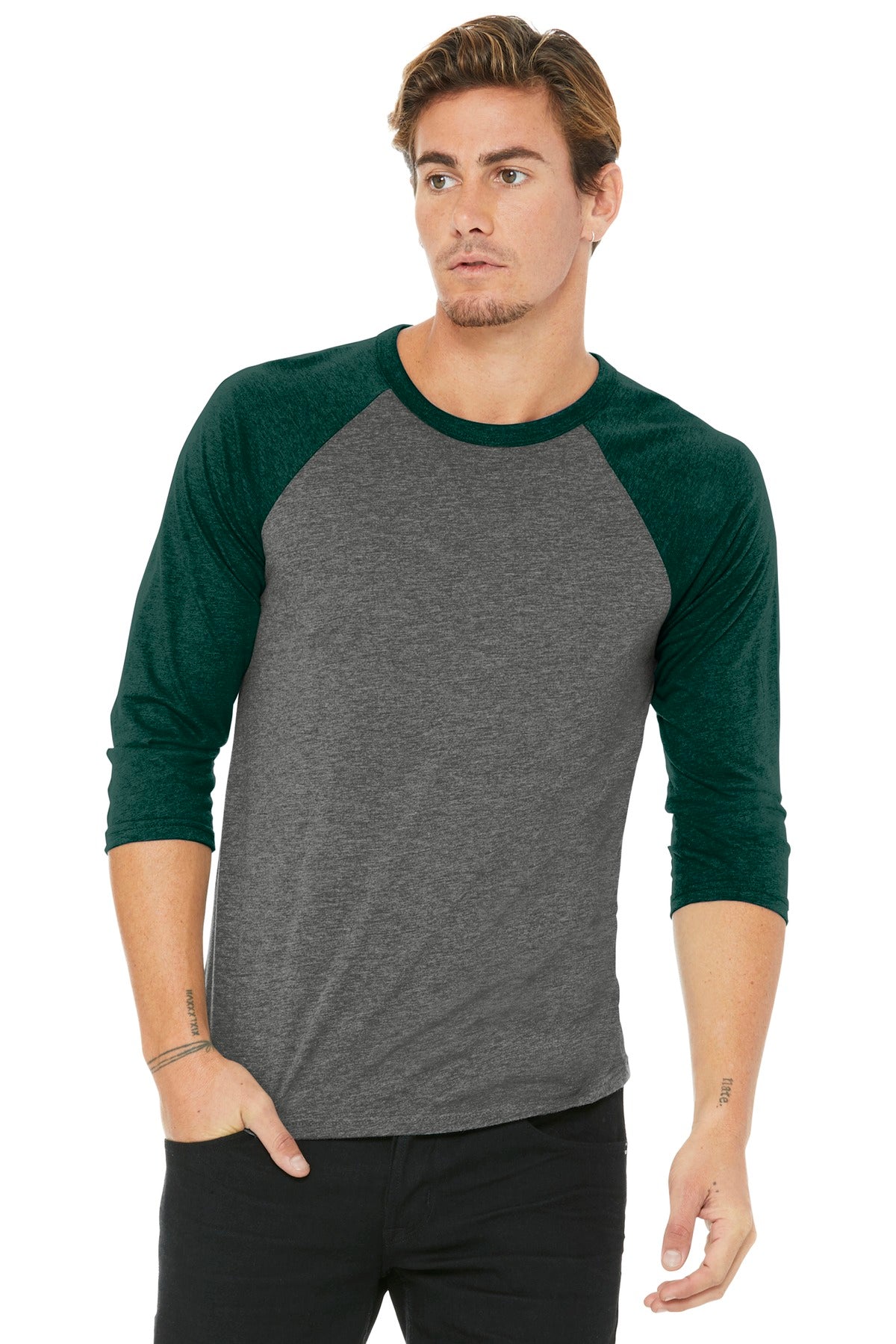 BELLA+CANVAS Unisex 3/4-Sleeve Baseball Tee. BC3200 - Grey/ Emerald Triblend - front