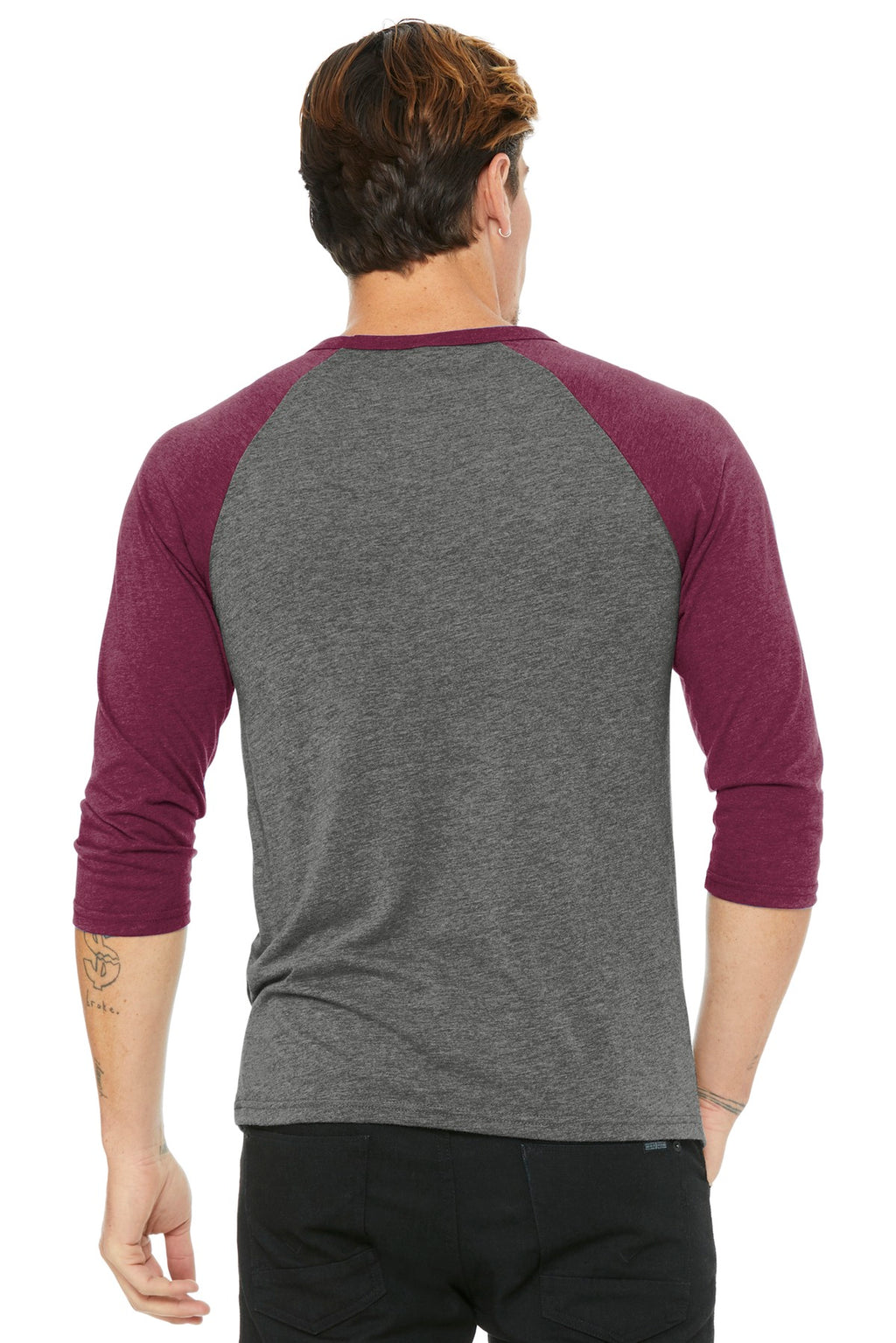 BELLA+CANVAS Unisex 3/4-Sleeve Baseball Tee. BC3200 - Grey/ Maroon Triblend - back
