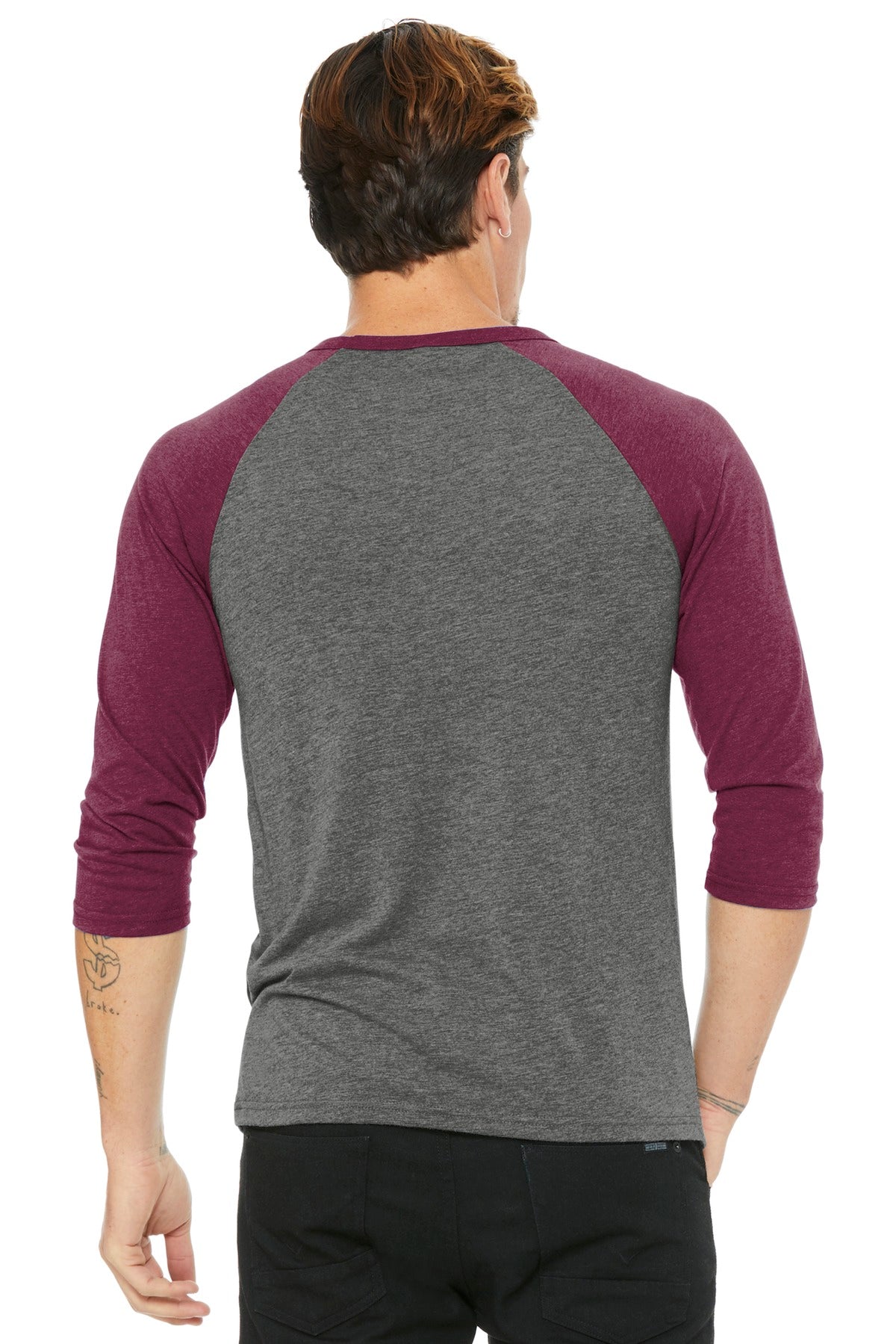 BELLA+CANVAS Unisex 3/4-Sleeve Baseball Tee. BC3200 - Grey/ Maroon Triblend - back
