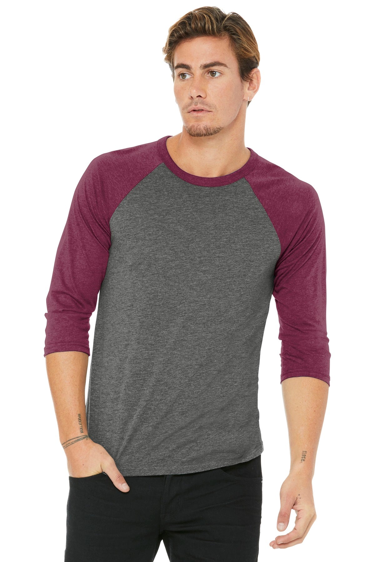 BELLA+CANVAS Unisex 3/4-Sleeve Baseball Tee. BC3200 - Grey/ Maroon Triblend - front
