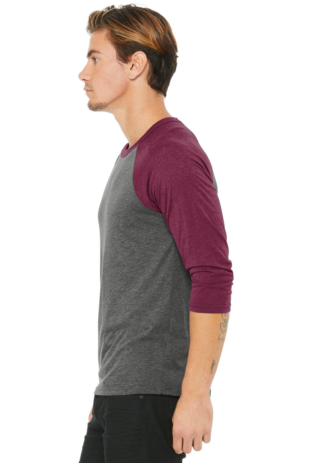 BELLA+CANVAS Unisex 3/4-Sleeve Baseball Tee. BC3200 - Grey/ Maroon Triblend - side