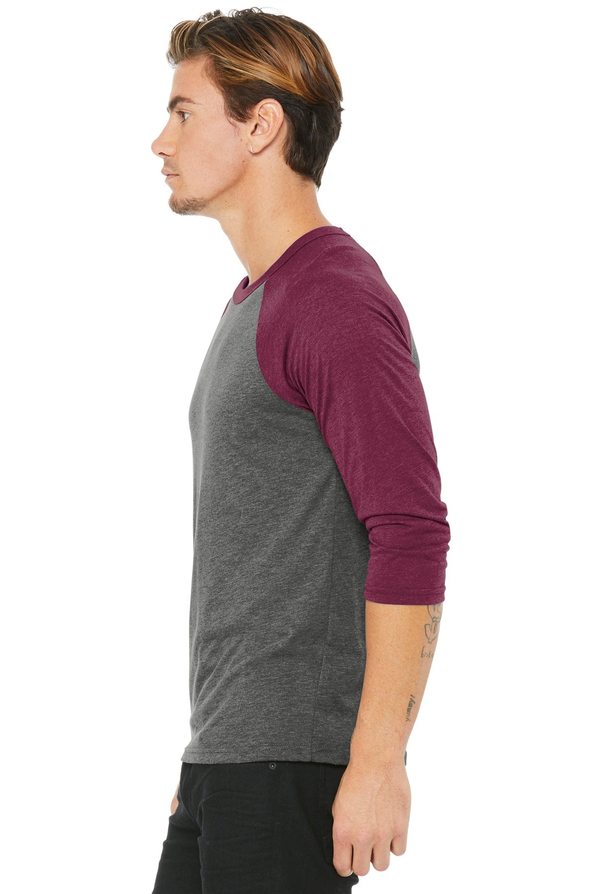 BELLA+CANVAS Unisex 3/4-Sleeve Baseball Tee. BC3200 - Grey/ Maroon Triblend - side