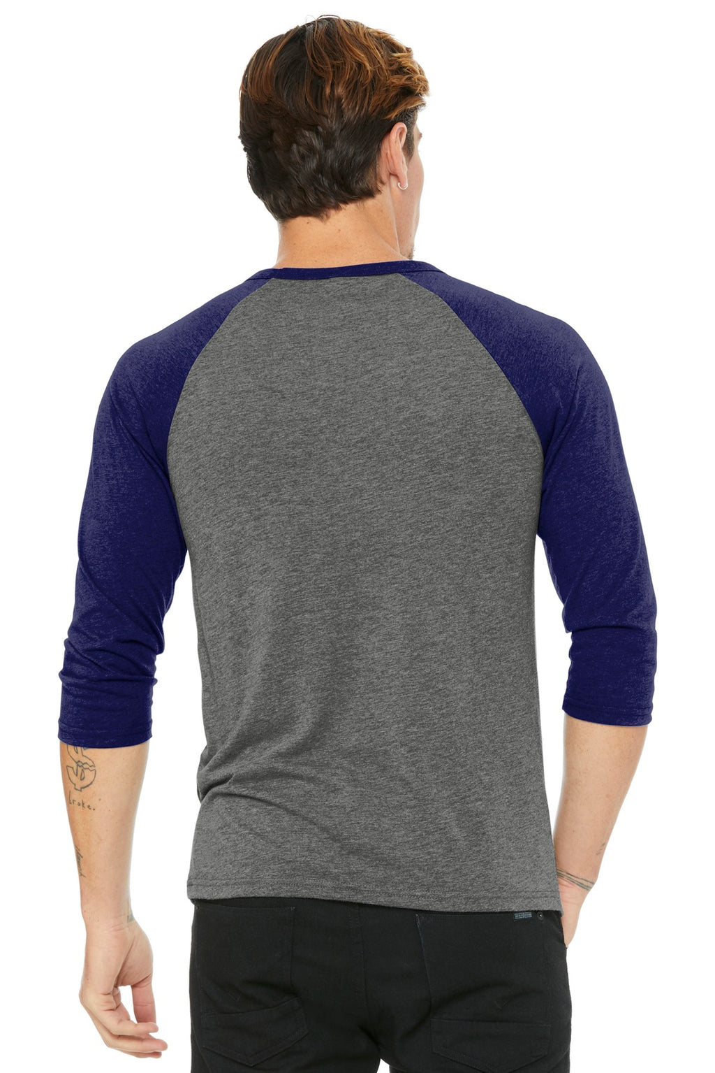 BELLA+CANVAS Unisex 3/4-Sleeve Baseball Tee. BC3200 - Grey/ Navy Triblend - back