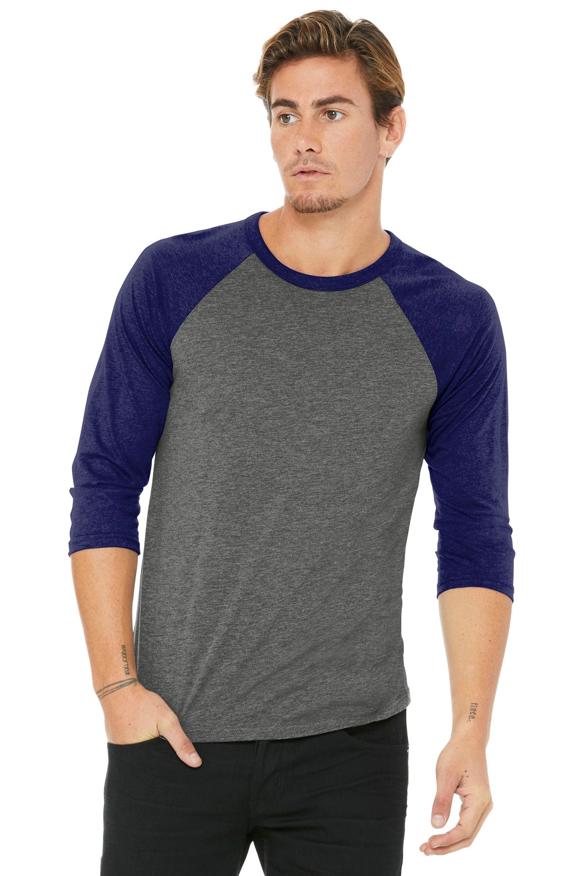 BELLA+CANVAS Unisex 3/4-Sleeve Baseball Tee. BC3200 - Grey/ Navy Triblend - front