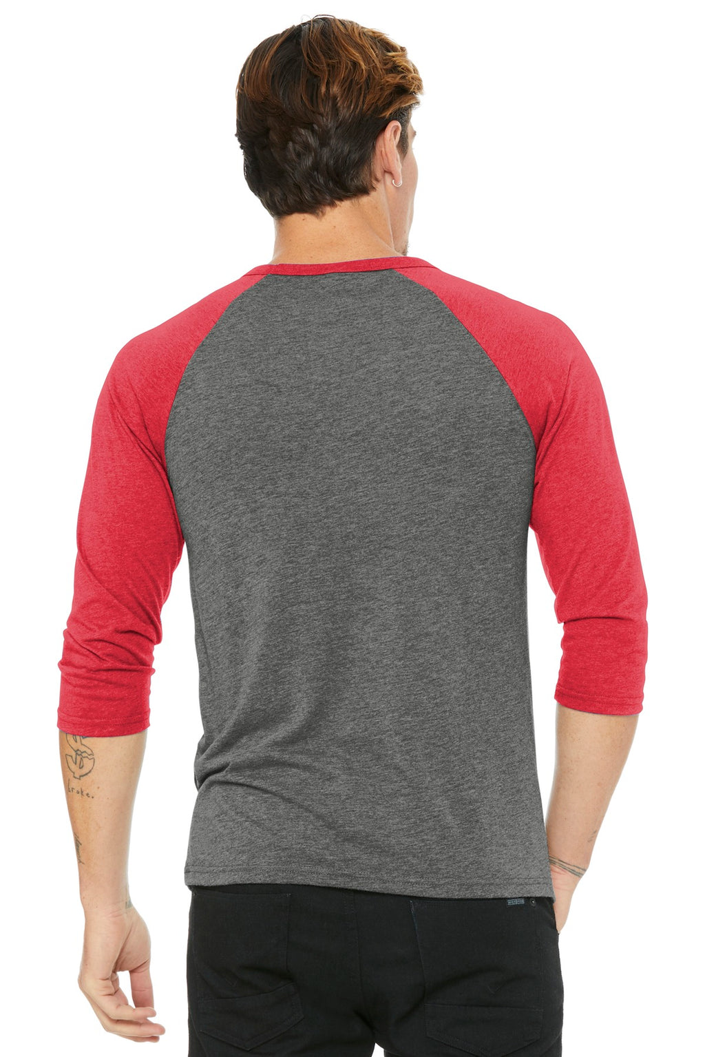 BELLA+CANVAS Unisex 3/4-Sleeve Baseball Tee. BC3200 - Grey/ Red Triblend - back