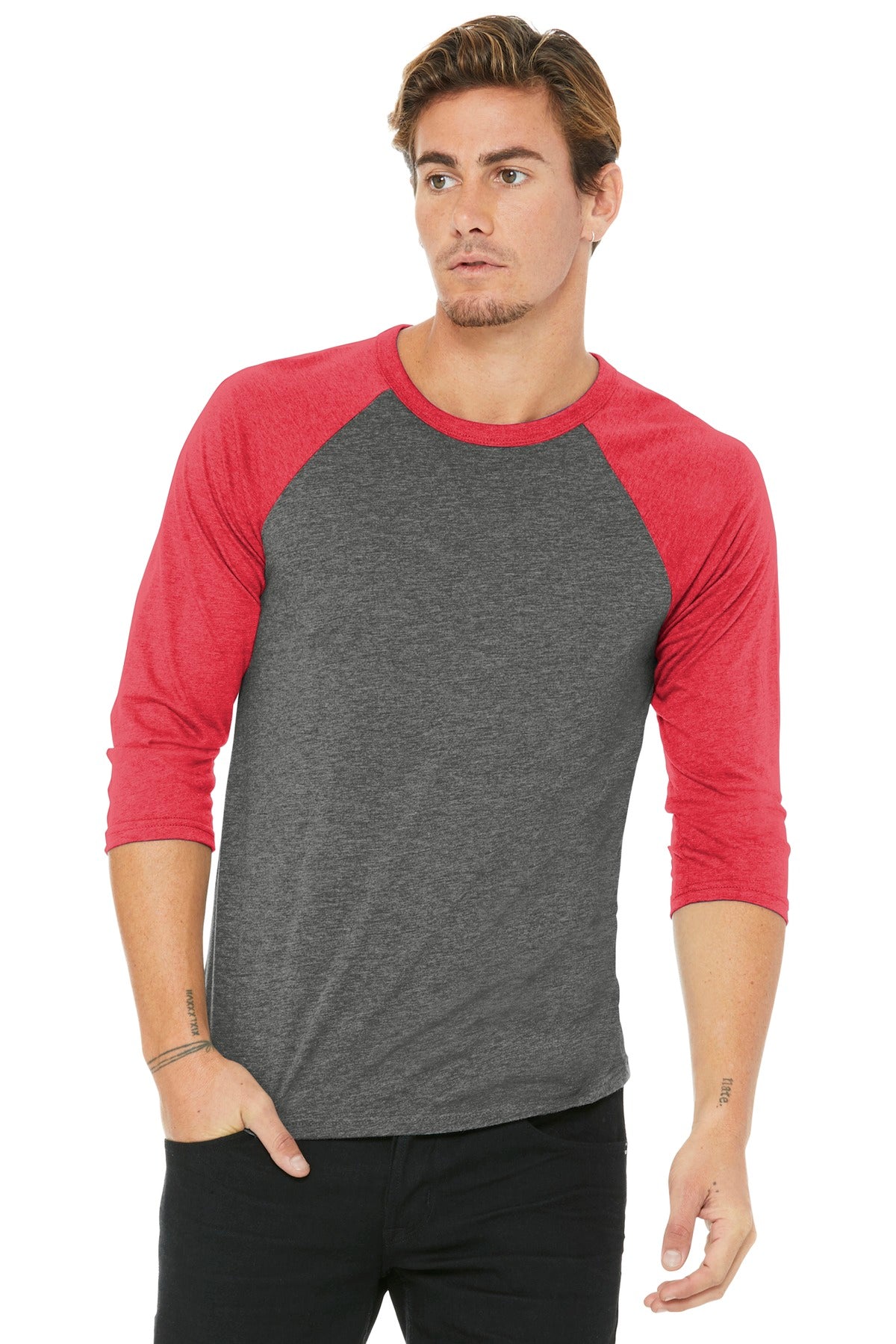 BELLA+CANVAS Unisex 3/4-Sleeve Baseball Tee. BC3200 - Grey/ Red Triblend - front