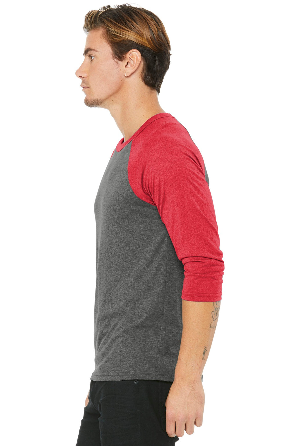 BELLA+CANVAS Unisex 3/4-Sleeve Baseball Tee. BC3200 - Grey/ Red Triblend - side