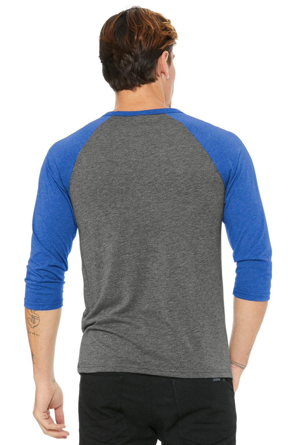 BELLA+CANVAS Unisex 3/4-Sleeve Baseball Tee. BC3200 - Grey/ True Royal Triblend - back