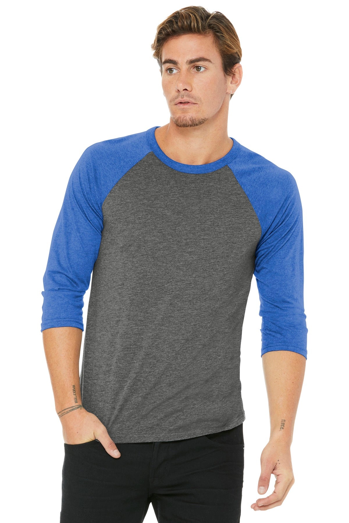 BELLA+CANVAS Unisex 3/4-Sleeve Baseball Tee. BC3200 - Grey/ True Royal Triblend - front