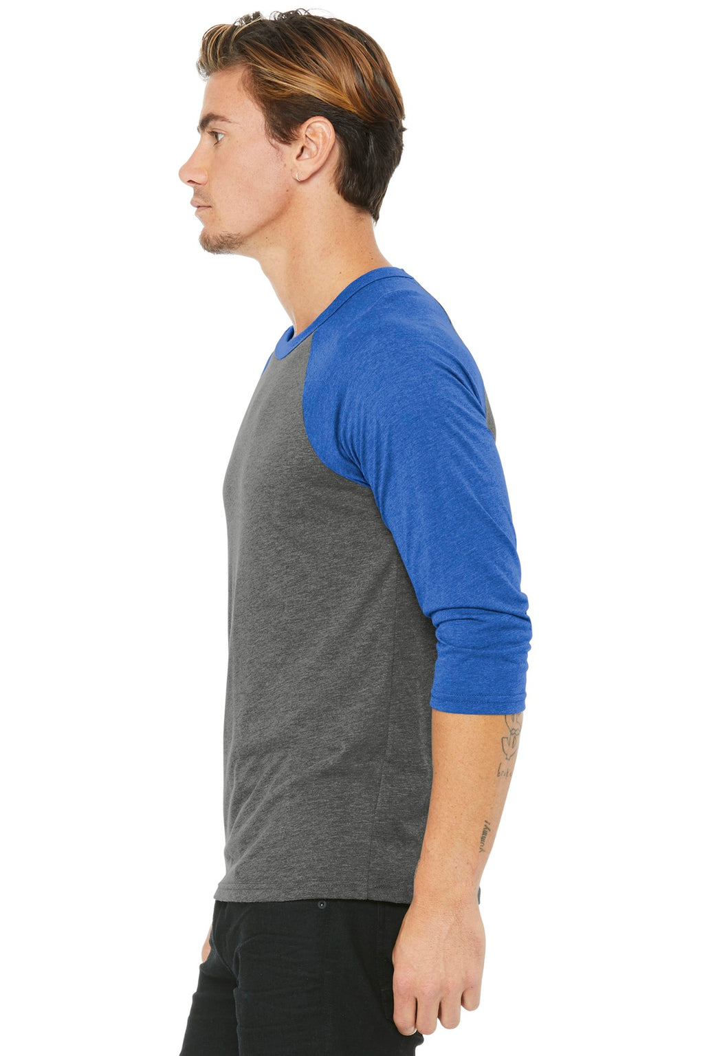 BELLA+CANVAS Unisex 3/4-Sleeve Baseball Tee. BC3200 - Grey/ True Royal Triblend - side